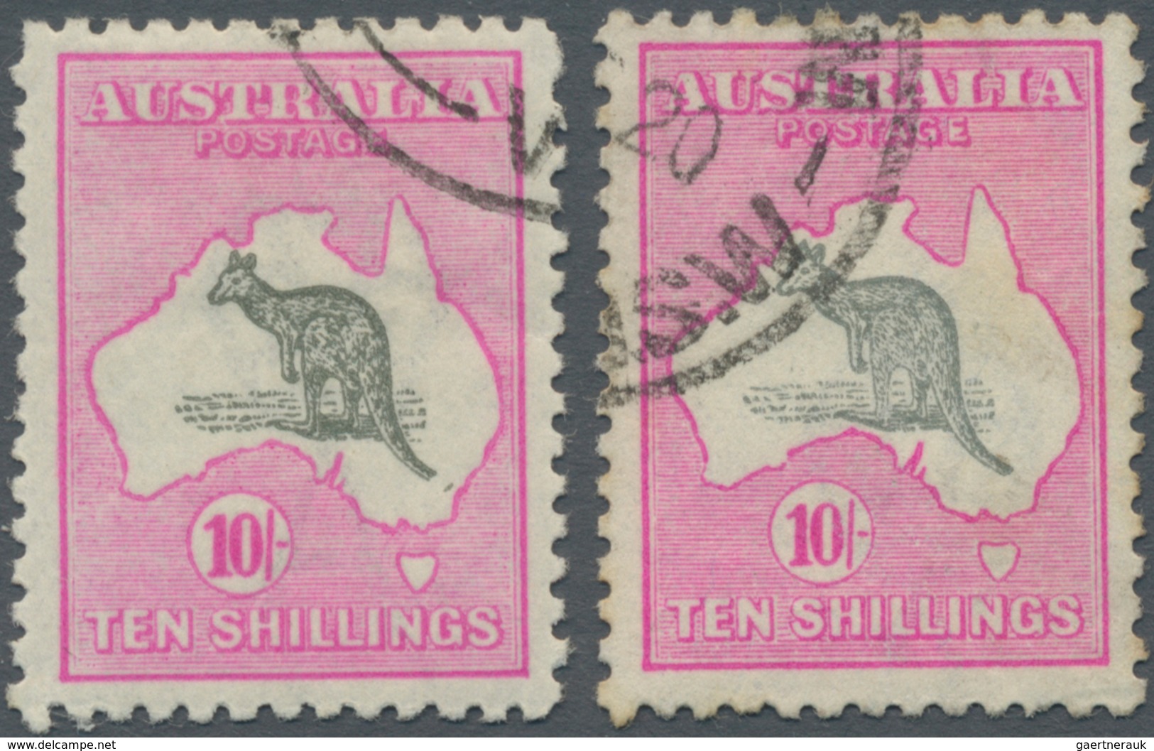 Australien: 1918, Kangaroo 10s Grey And Bright Aniline Pink 3rd Wmk. In Two Shades Both Used With Fi - Altri & Non Classificati