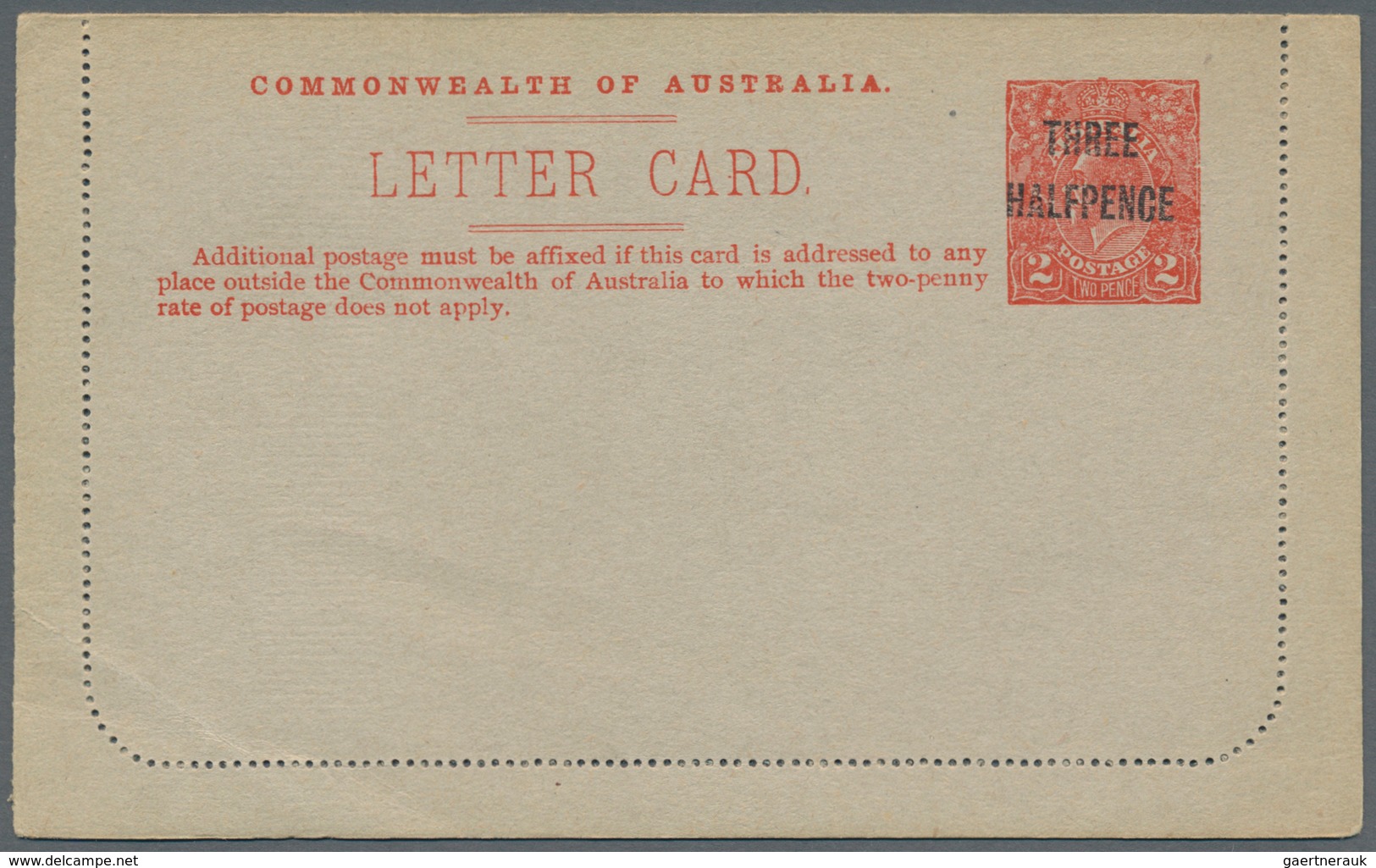 Australien - Ganzsachen: 1924, Lettercard KGV 2d. Red Surcharged 'THREE HALFPENCE' With Framed Oval - Entiers Postaux