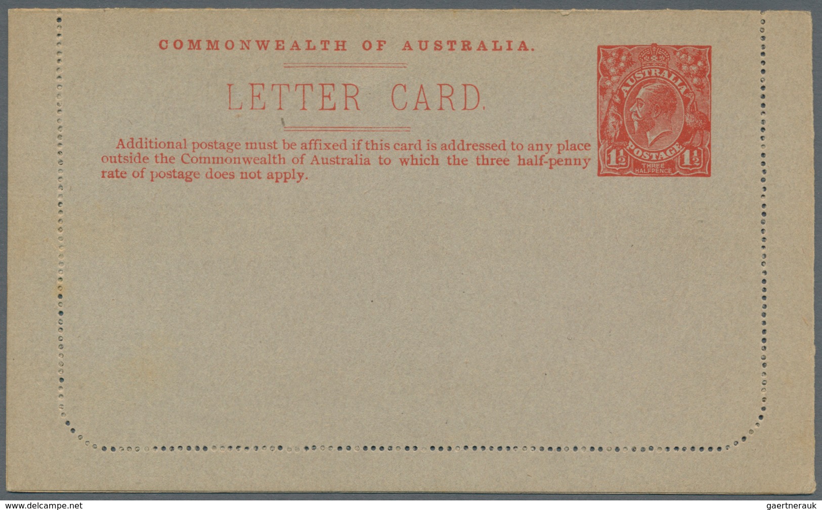 Australien - Ganzsachen: 1924, Lettercard KGV 1½d. Red (unsurfaced Grey Card) With Framed Oval View - Postwaardestukken