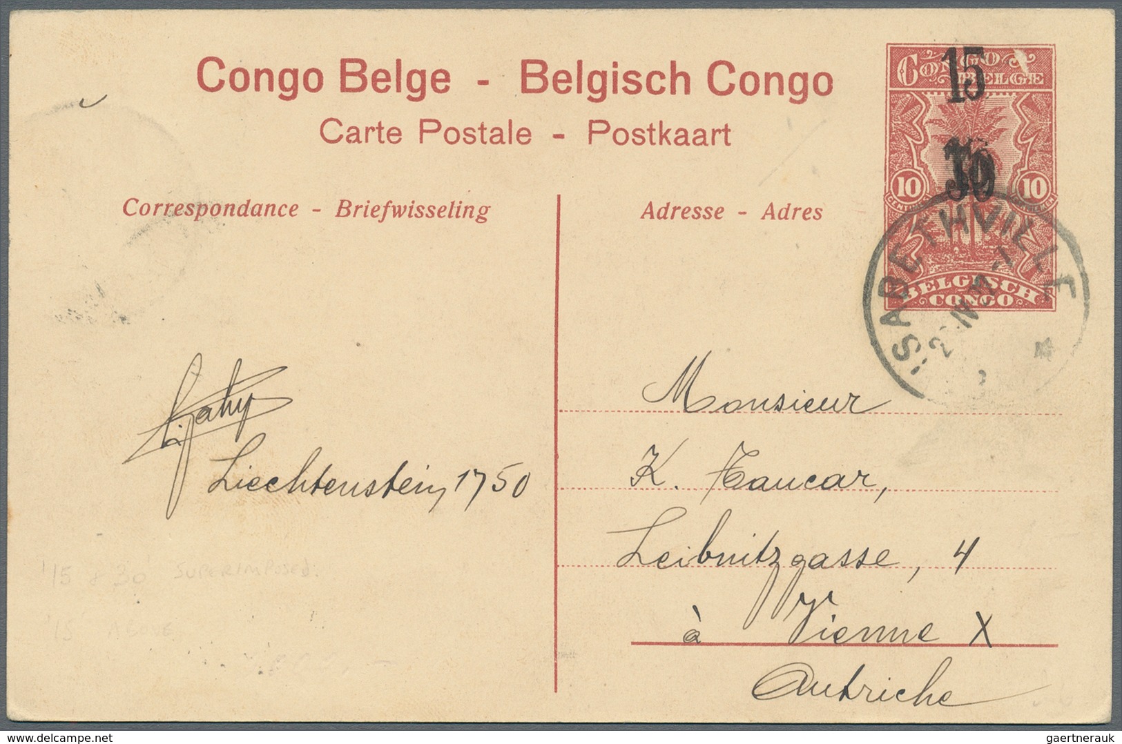 Belgisch-Kongo: 1917. Belgian Congo Postal Stationery Post Card '15 On 10c' Brown-red (double Surcha - Otros & Sin Clasificación