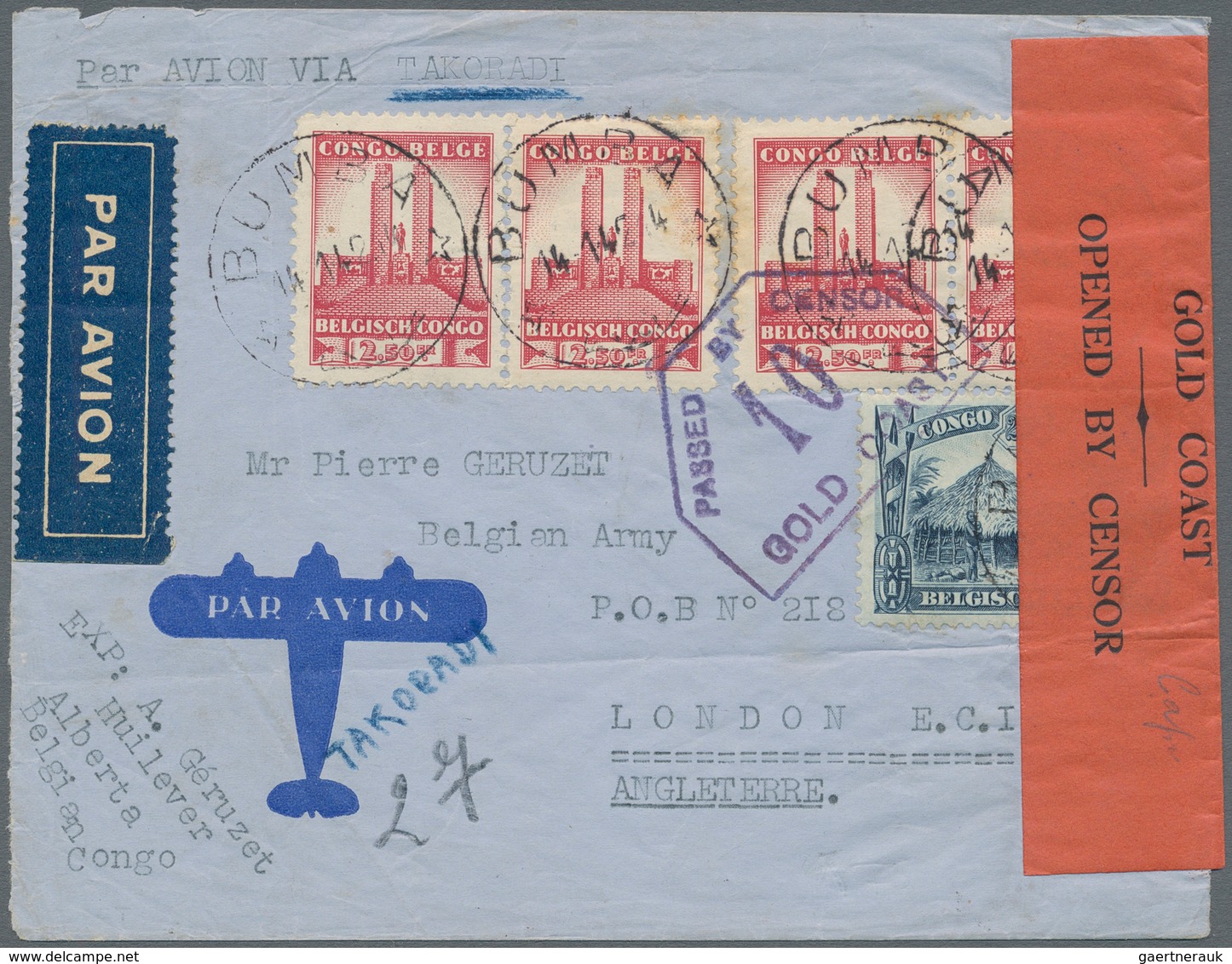 Belgisch-Kongo: 1942. Air Mail Envelope Addressed To London Bearing Belgian Congo 2f50 Indigo And 2f - Otros & Sin Clasificación