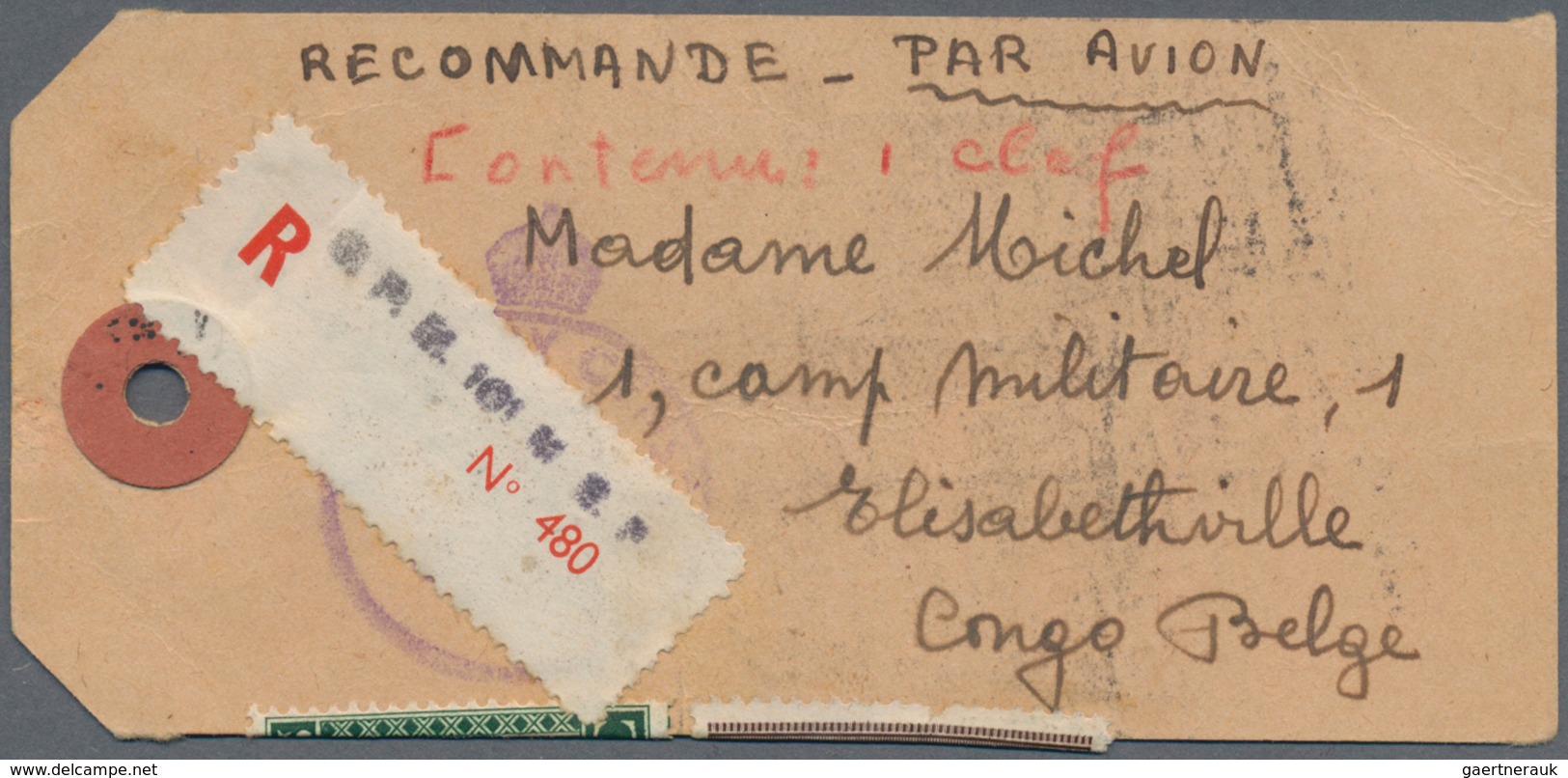 Belgisch-Kongo: 1944. Registered Air Mail Parcel Tag Addressed To 'Camp Militare 1, Elisabethville, - Other & Unclassified