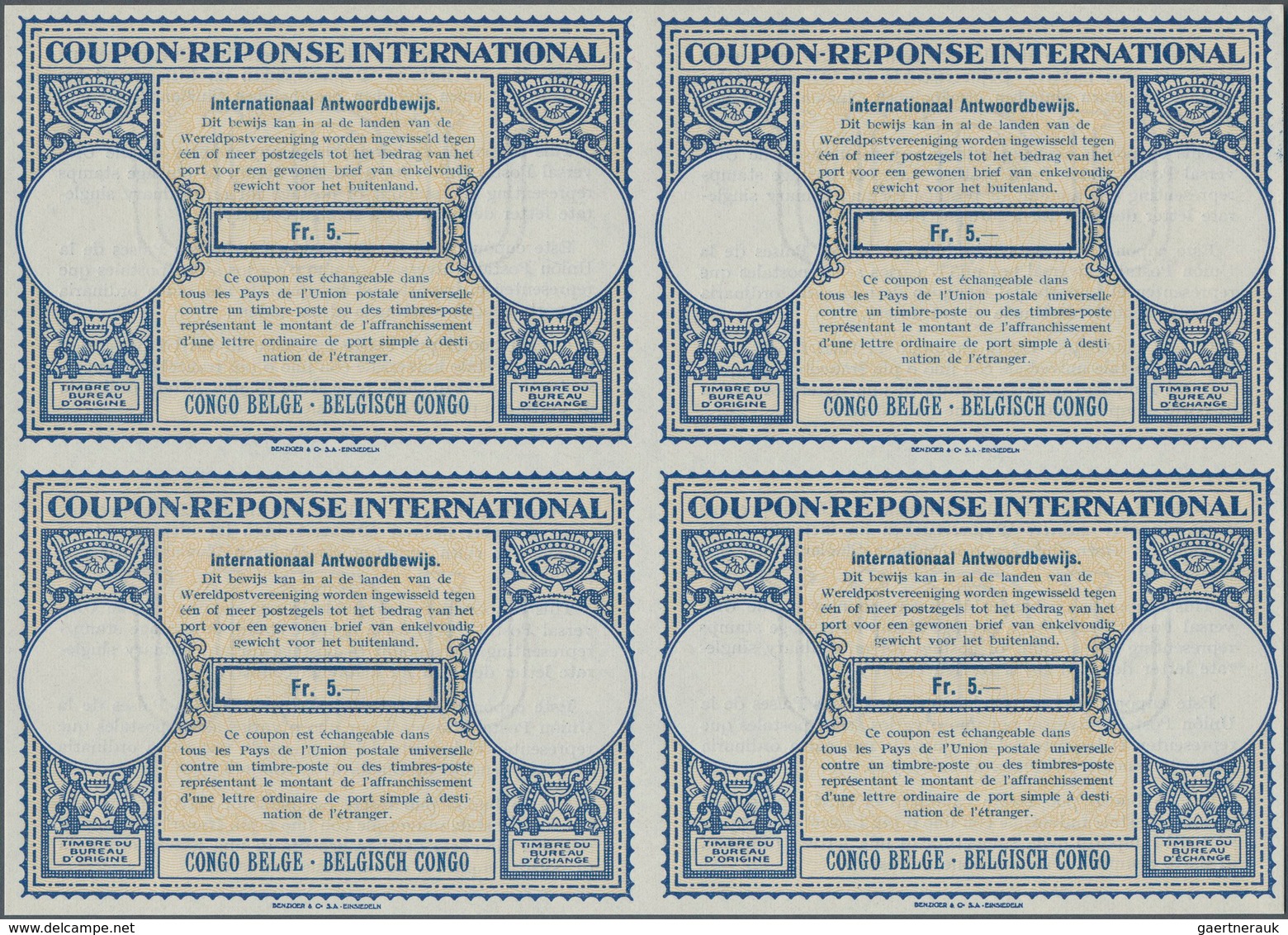Belgisch-Kongo: 1947. International Reply Coupon Fr. 5.- (London Type) In An Unused Block Of 4. Issu - Otros & Sin Clasificación
