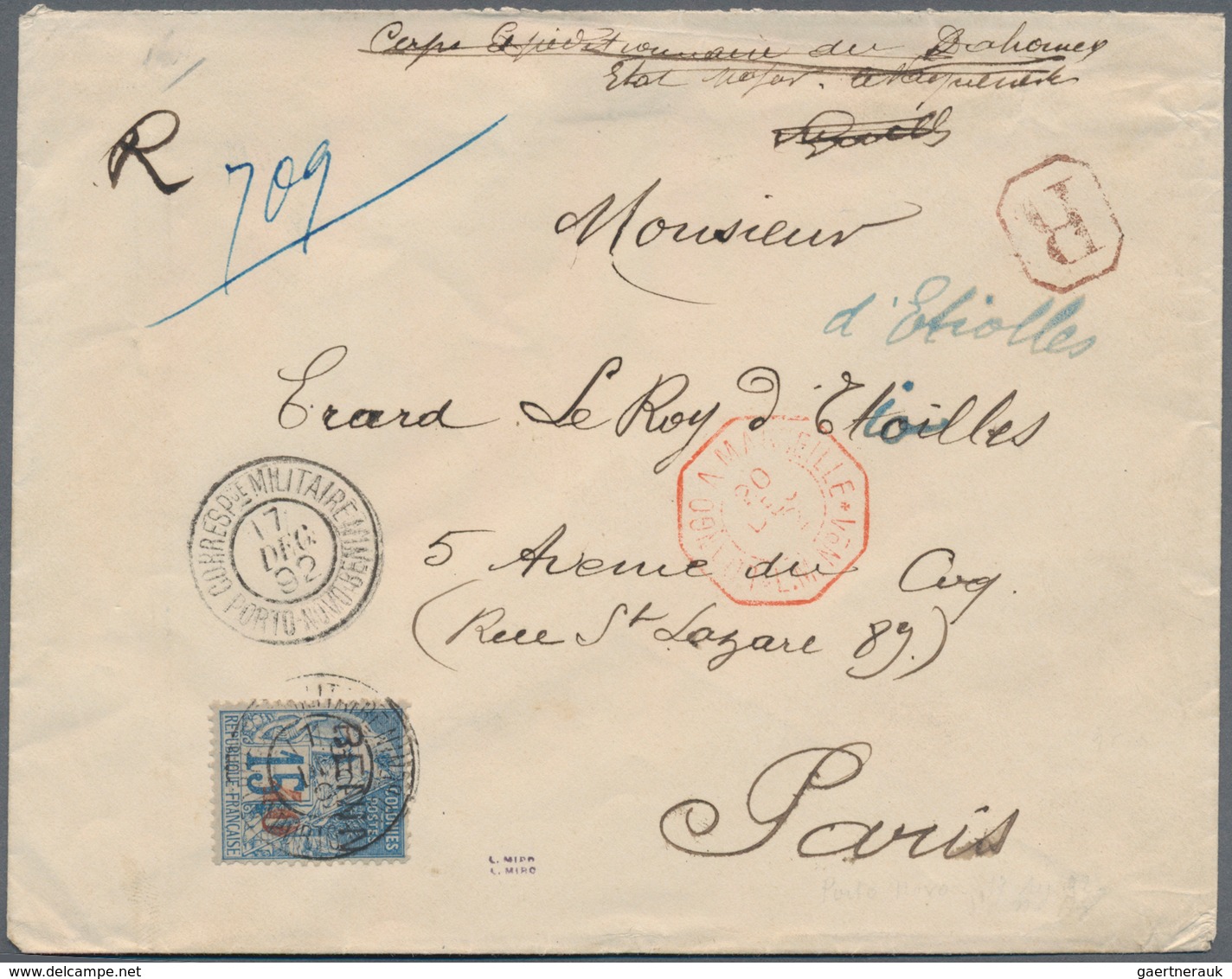 Benin: 1892. Registered Envelope Endorsed 'Corps Expeditionnairee De Dahomey' Addressed To France Be - Benin – Dahomey (1960-...)