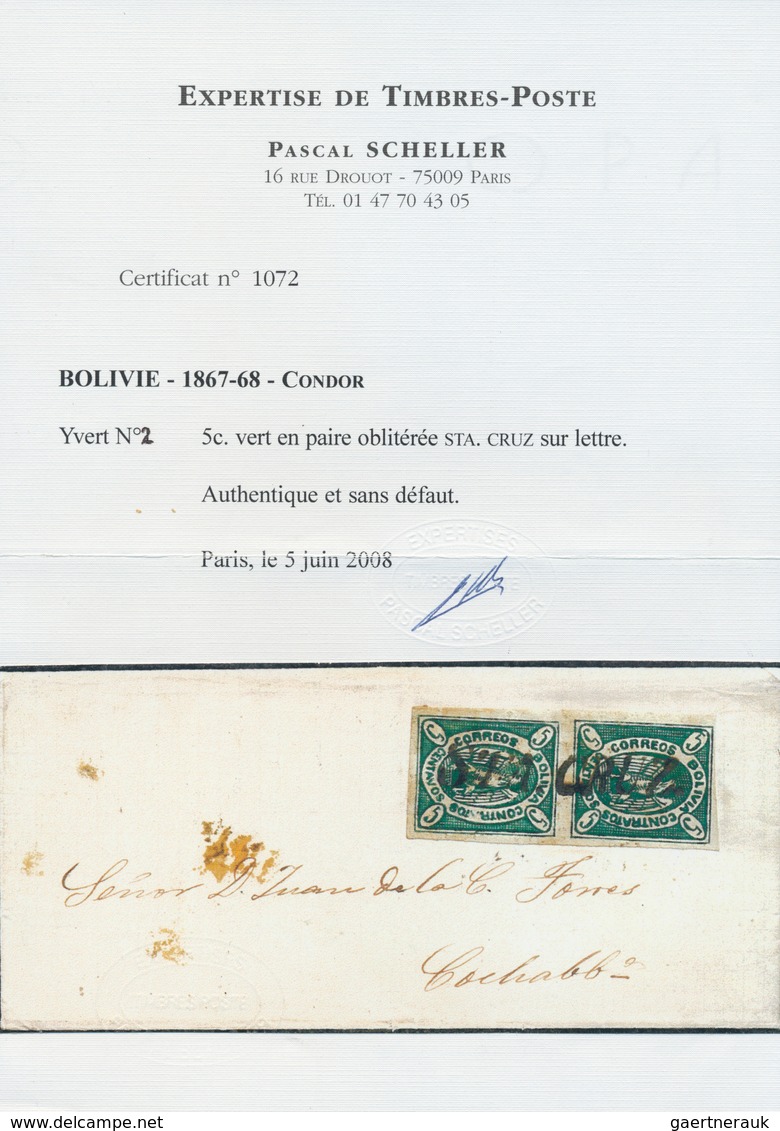 Bolivien: 1867, Condor 5 C Deep-green, Position 39/51, Vertical Pair Tied By Single-line "STA. CRUZ" - Bolivia