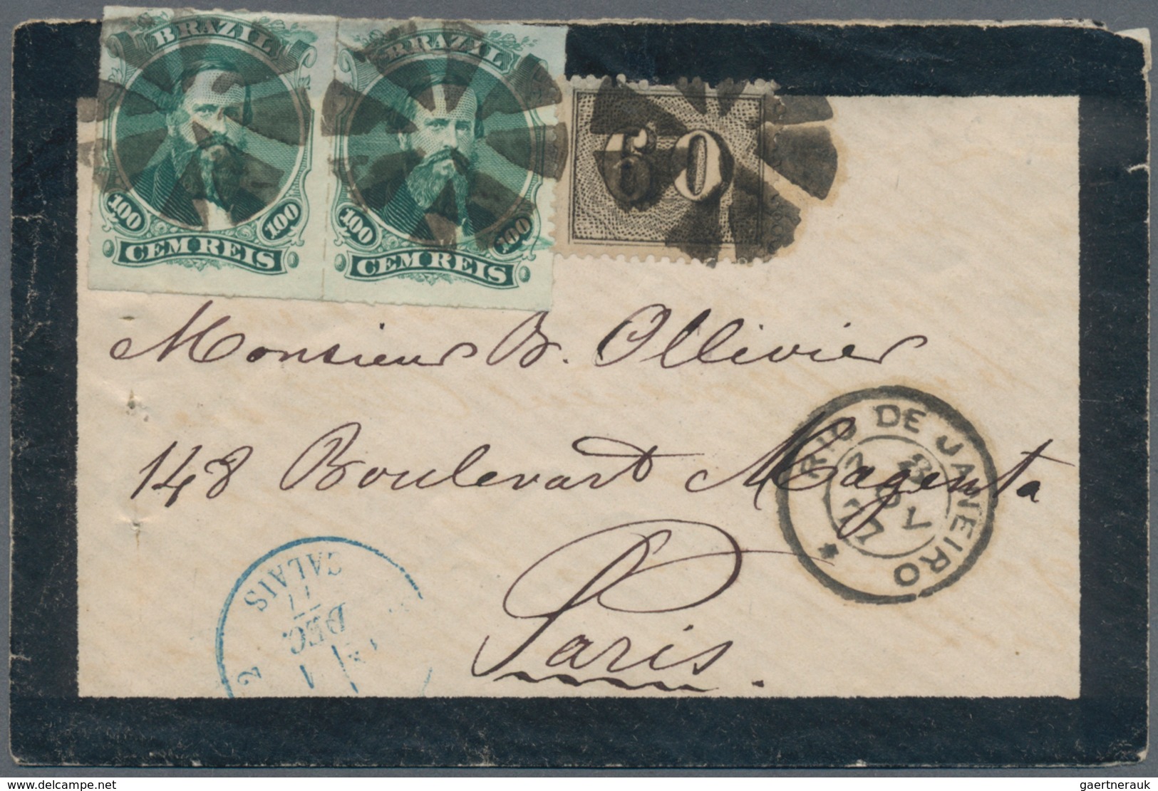 Brasilien: 1877. Mourning Envelope Addressed To France Bearing 'Dom Pedro' Yvert 41, 100r Green (pai - Other & Unclassified