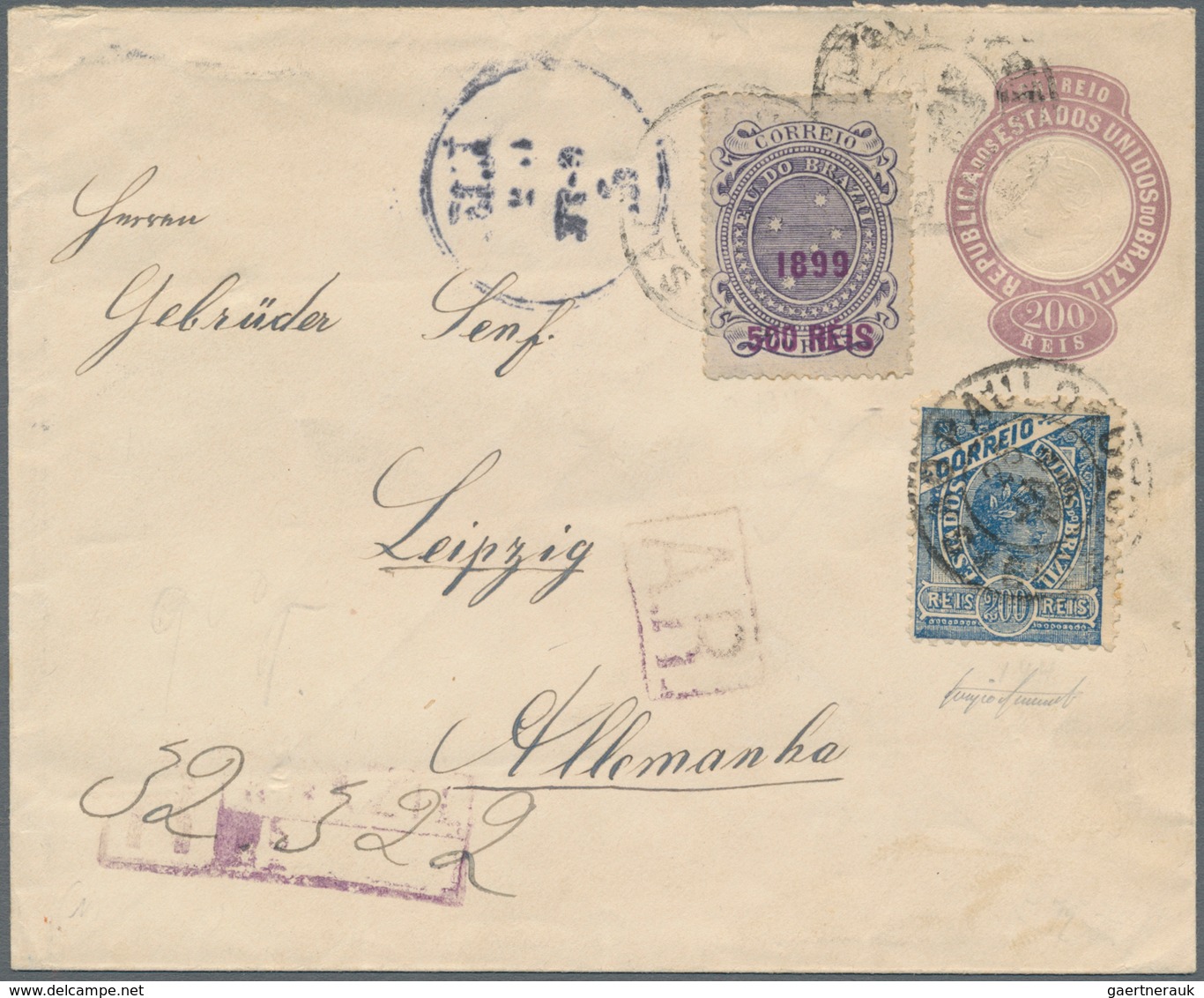 Brasilien - Ganzsachen: 1900, Stationery Envelope Liberty Head 200r. Mauve Uprated By Liberty Head 2 - Postal Stationery