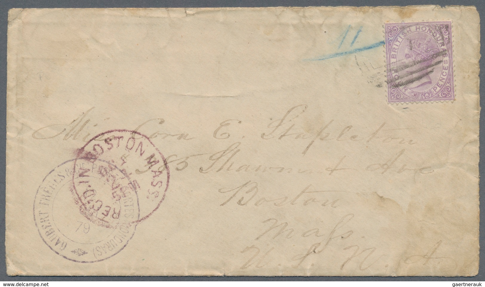 Britisch-Honduras: 1879, 4d. Mauve, Wm Crown CC, Single Franking On Cover To Boston/USA, Sender's Ca - British Honduras (...-1970)