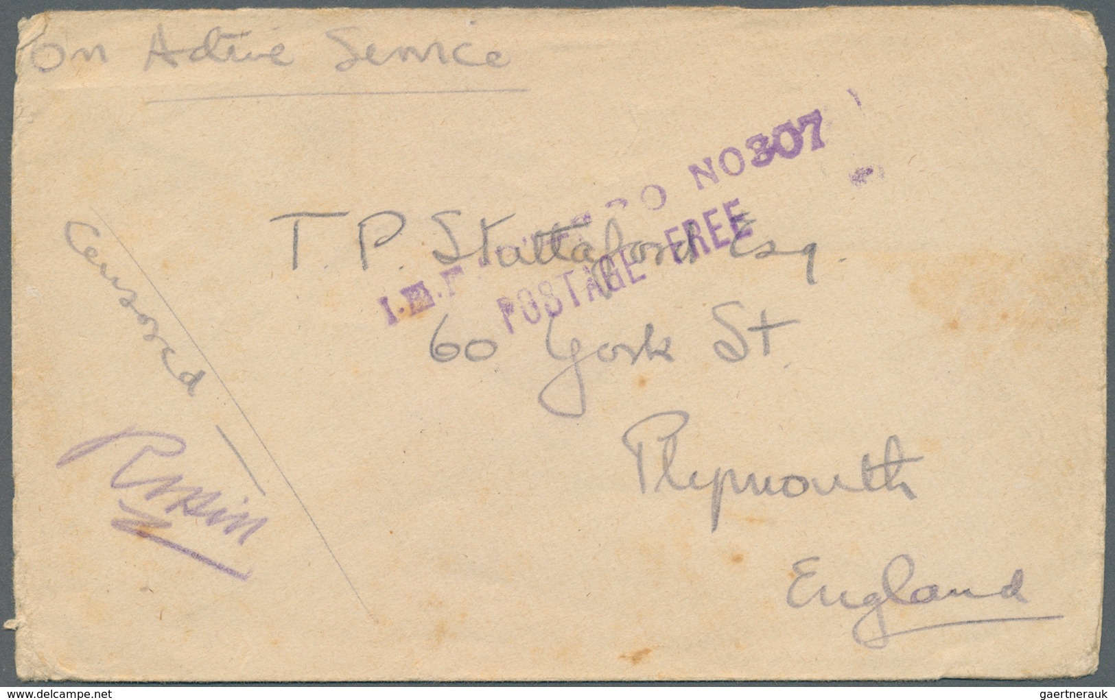 Britisch-Ostafrika Und Uganda: 1916. Stampless Envelope Addressed To England Endorsed 'On Active Ser - Protectoraten Van Oost-Afrika En Van Oeganda