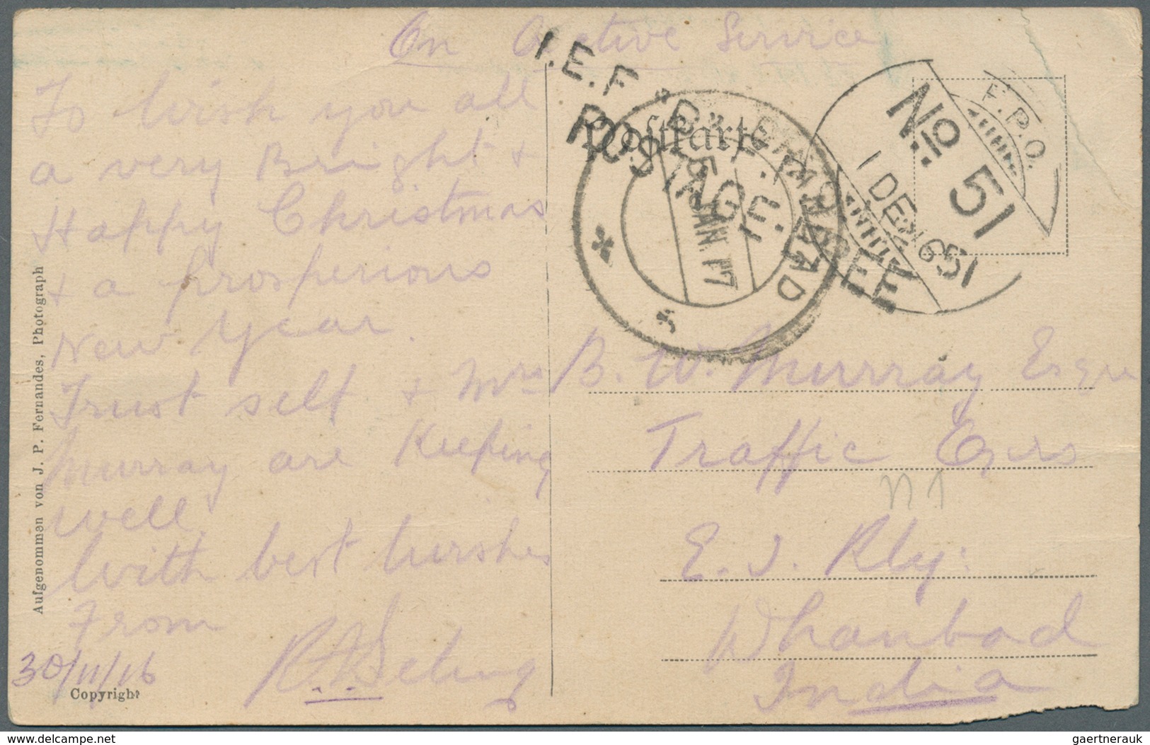 Britisch-Ostafrika Und Uganda: 1916. Stampless Picture Post Card (corner Fault) Addressed To India D - Protectoraten Van Oost-Afrika En Van Oeganda