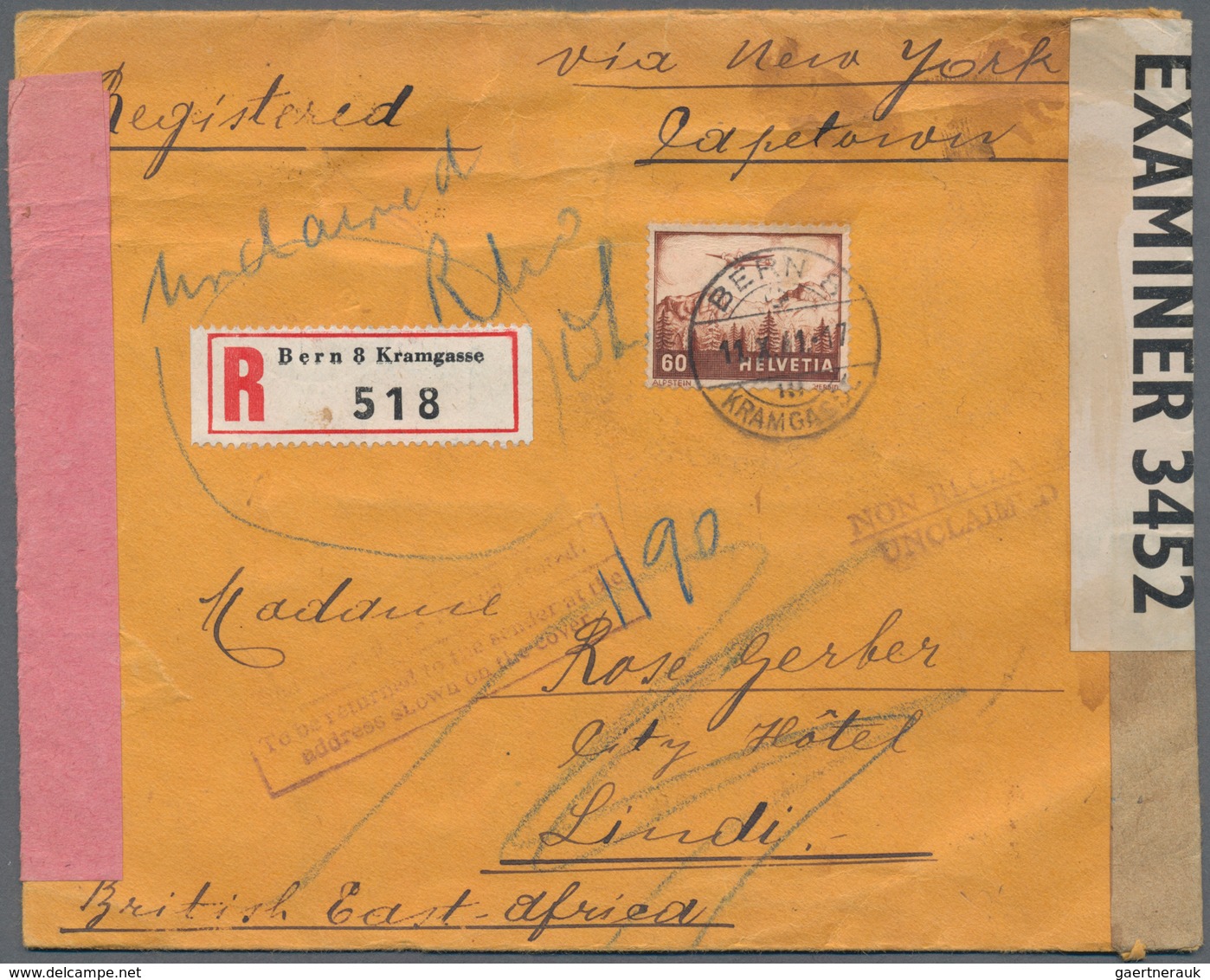 Britisch-Ostafrika Und Uganda: 1941. Registered Air Mail Envelope Written From Switzerland Addressed - Protectoraten Van Oost-Afrika En Van Oeganda