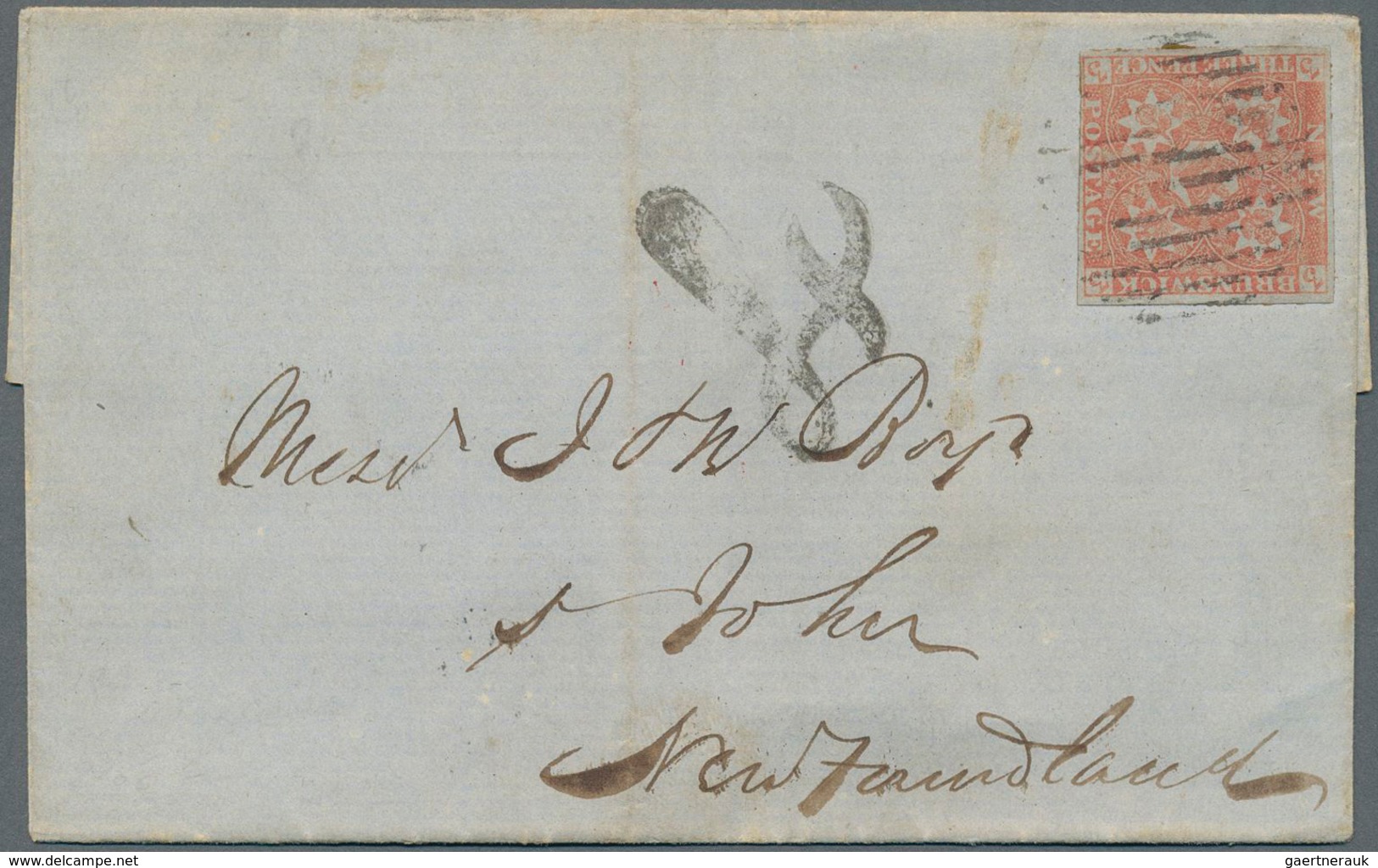 Neubraunschweig: 1851 3d. Dull Red On Blue Paper Used On Lettersheet From Woodouglandstown To St. Jo - Brieven En Documenten