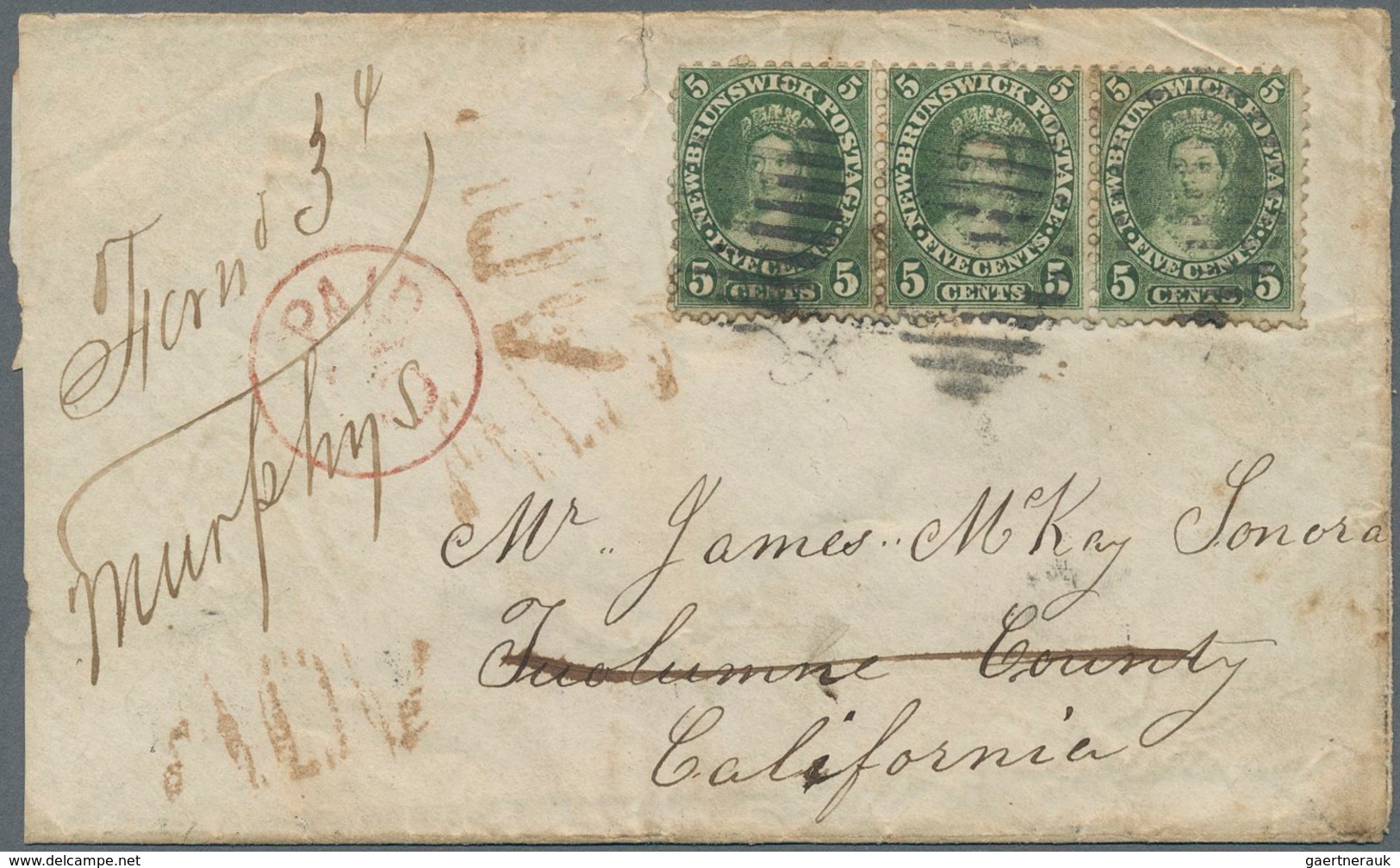 Neubraunschweig: 1860 5c. Deep Green, Horizontal Strip Of Three, Used On Cover From St. Stephen To S - Brieven En Documenten