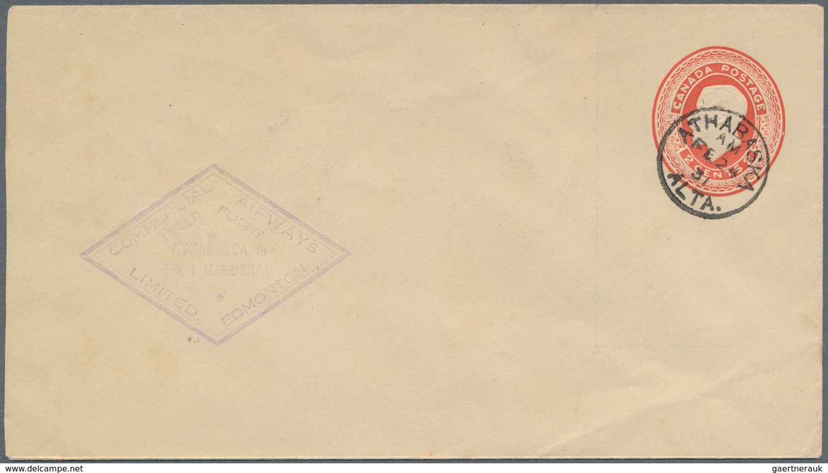 Canada - Besonderheiten: 1931, Stat. Envelope KGV 2c. Red Cancelled Per Favour 'ATHABASKA, ALTA., FE - Otros & Sin Clasificación