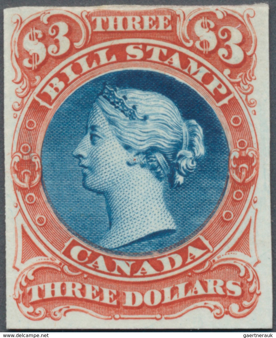 Canada - Besonderheiten: REVENUES: QV $3 Red/blue "Bill Stamp", Imperforate Proof On Cardboard. Van - Andere & Zonder Classificatie