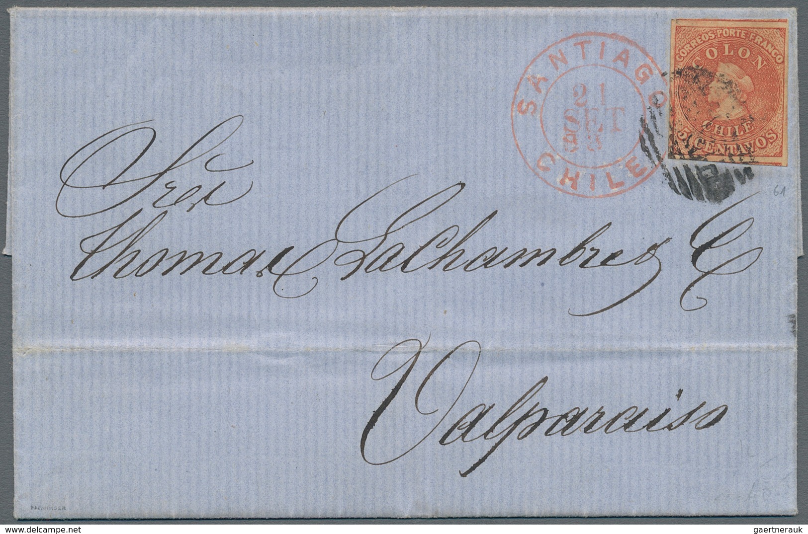 Chile: 1853-56, Colon 5 C. Orangered Colorful With 4 Large Margins On A Cmplete Cover 1864 To Valpar - Chili