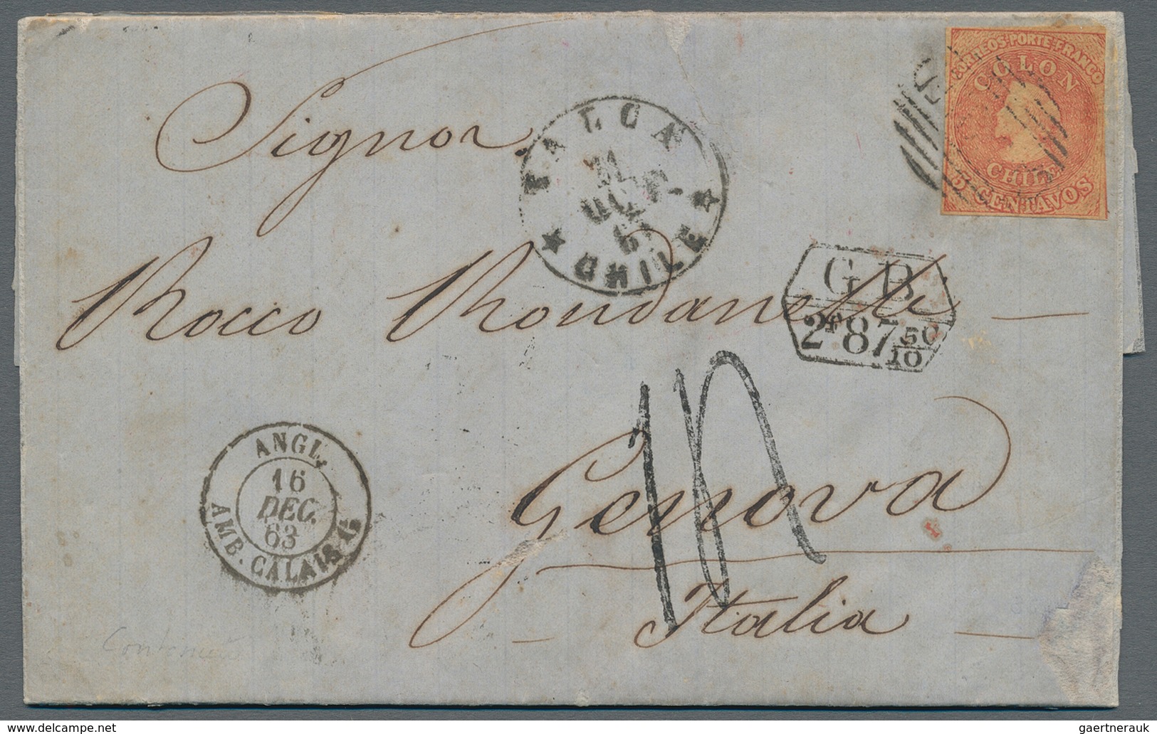 Chile: 1856, 5 C. Dull-carmine (upper Right Side Min. Cutted, Otherwise Good Margins), On Complete F - Chile