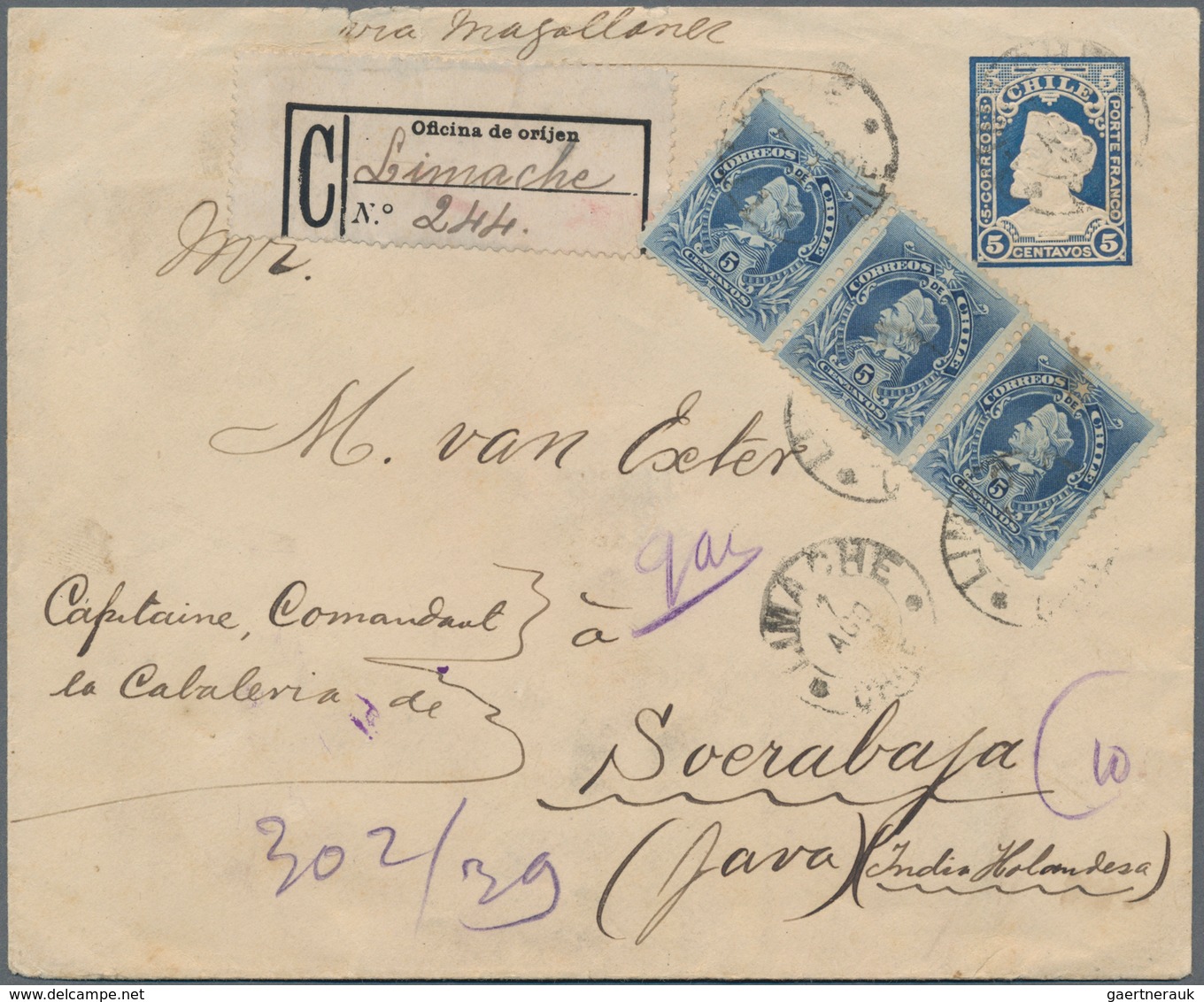 Chile: 1902. Registered Chile Postal Stationery Envelope 5c Blue Upgraded With Yvert 44, 5c Blue (st - Chili