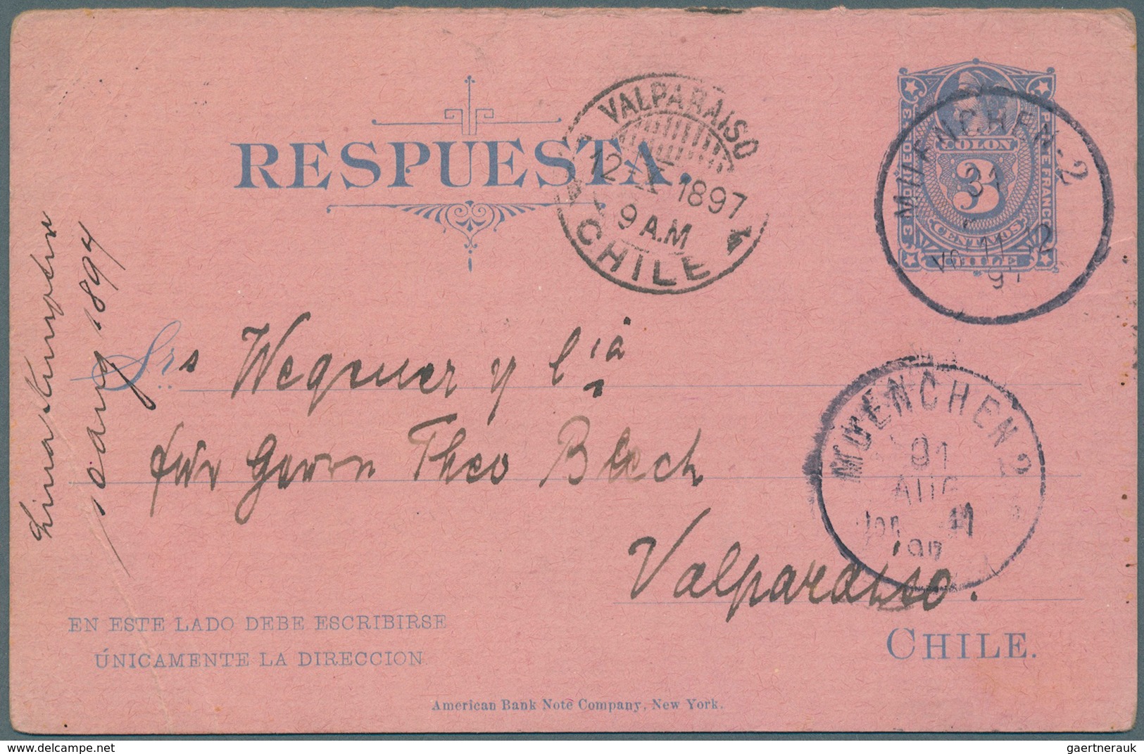 Chile - Ganzsachen: 1897, 3 Ctv.green Postal Stationery Reply Card Sent Back To Chile, Fine Strike " - Chile