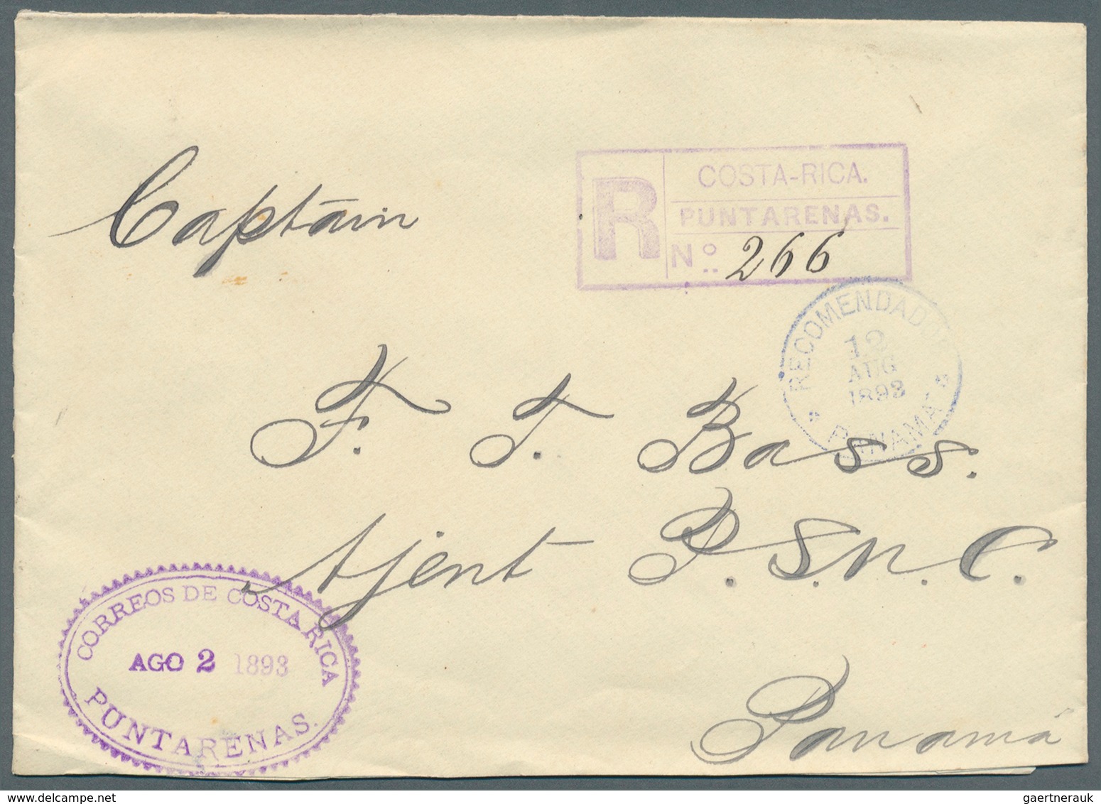 Costa Rica: 1893. Registered Advice Of Receipt Envelope Addressed To 'Captain Bass, Agent P.S.N. C. - Costa Rica
