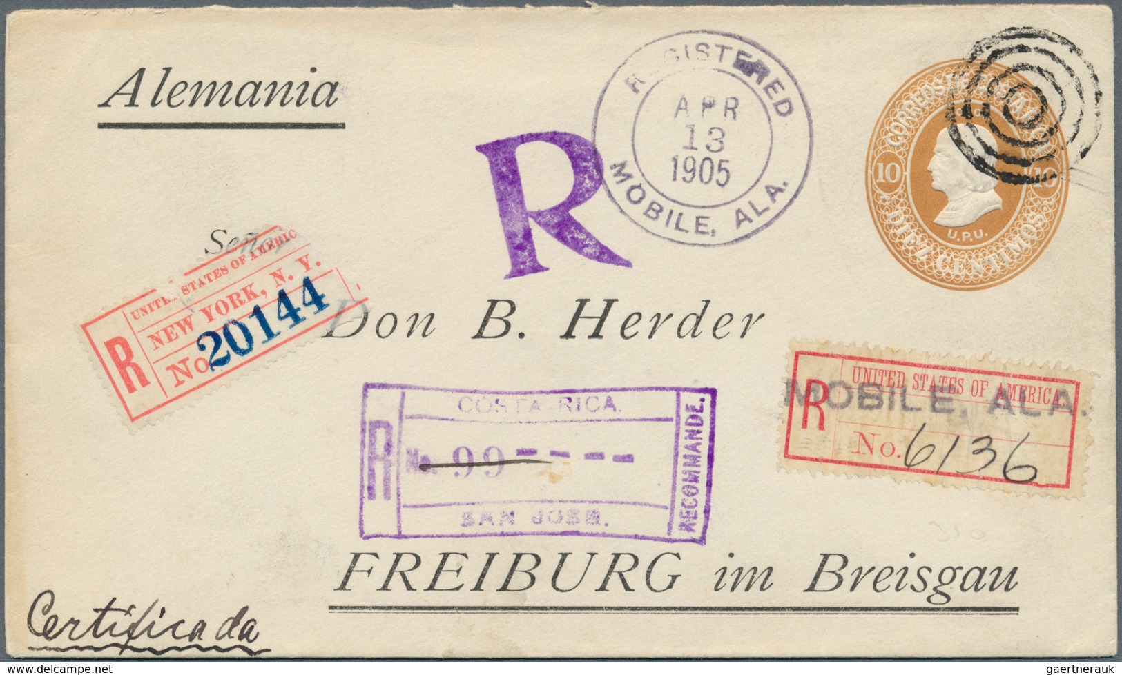 Costa Rica: 1905. Registered Costa Rica Postal Stationery Envelope 10c Bistre Cancelled By Concentri - Costa Rica