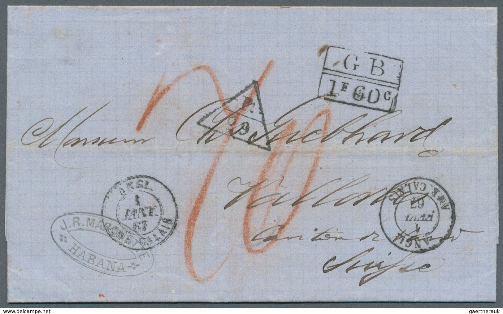Cuba: 1867. Stampless Envelope From 'J.R, Marouette, Habana' Addressed To Switzerland, Routed Via Lo - Andere & Zonder Classificatie