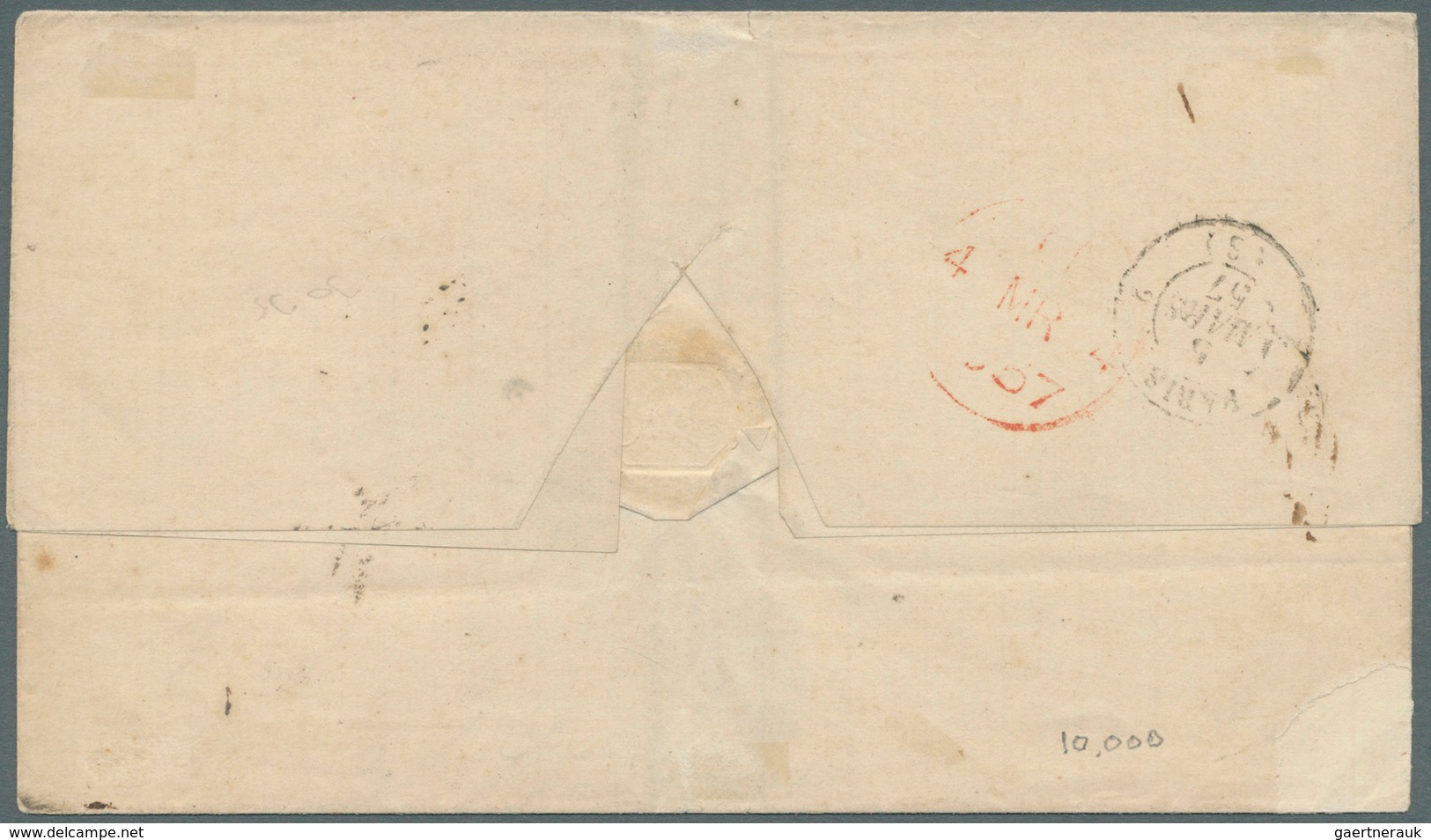 Curacao: 1857. Stampless Envelope Written From Curacao Dated '7th Feb 1857' Addressed To France Canc - Curacao, Netherlands Antilles, Aruba