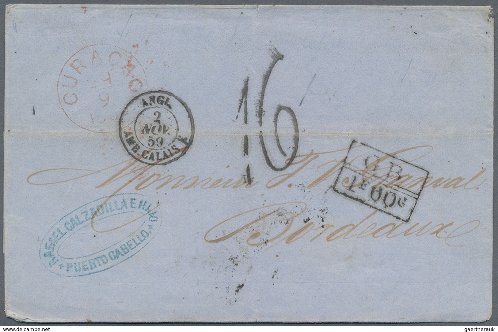 Curacao: 1859. Stamp-less Envelope Written From Puerto Cabello (Venezuela) Addressed To France With - Curaçao, Nederlandse Antillen, Aruba