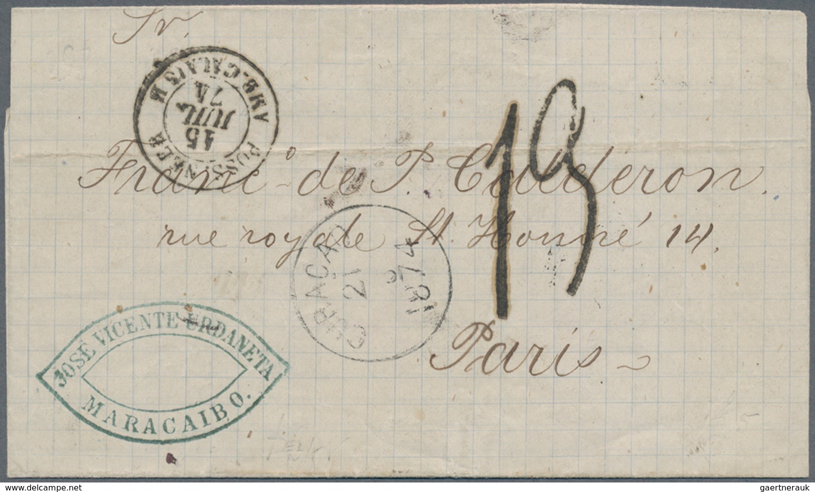 Curacao: 1874. Stamp-less Envelope Written From Maracaibo Dated '14th June .1874' Addressed To Franc - Curazao, Antillas Holandesas, Aruba