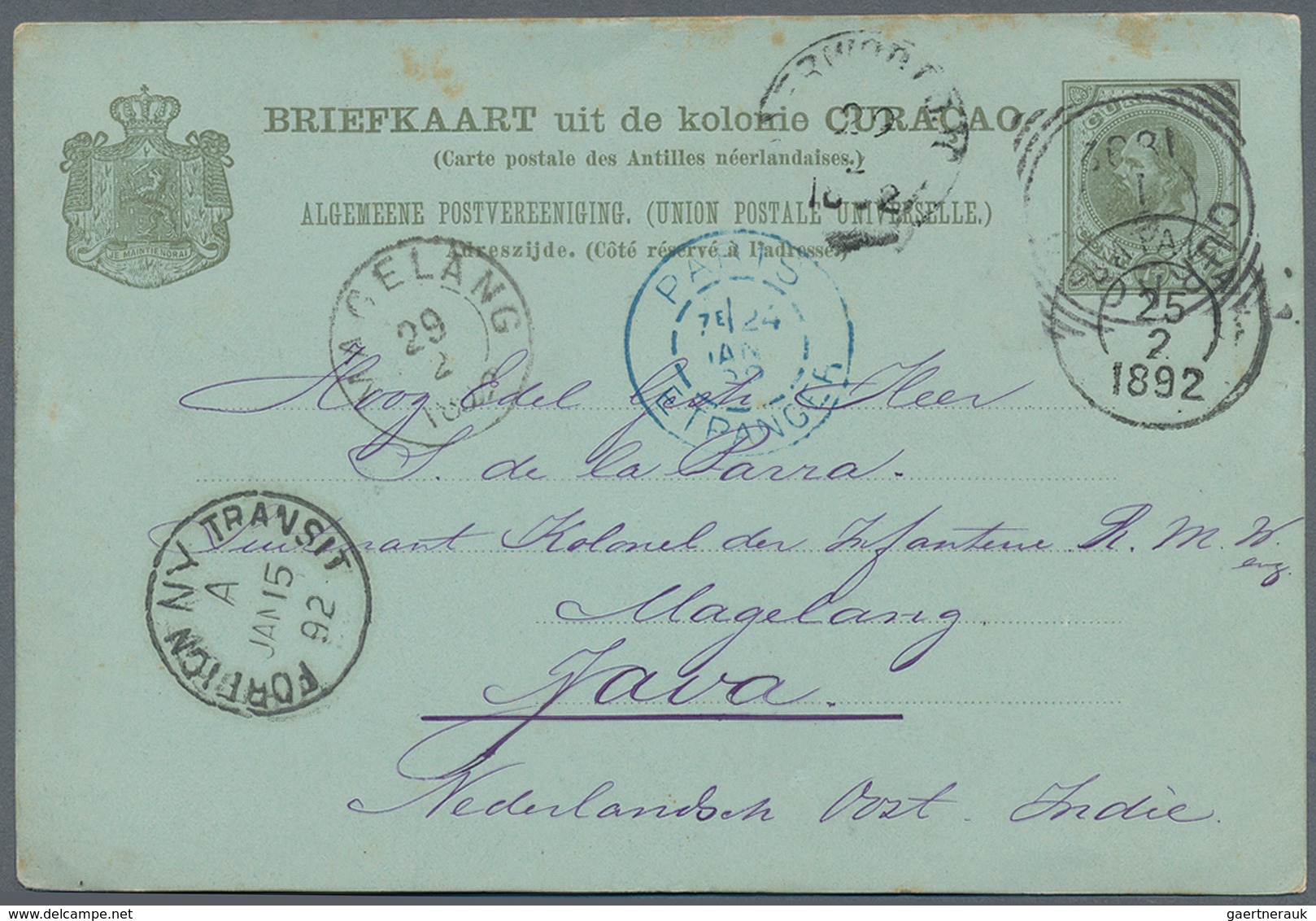 Curacao: 1891. Curacao Postal Stationery Card 7½c Olive Cancelled By Curacao Squared Circle '6th Jan - Curaçao, Nederlandse Antillen, Aruba