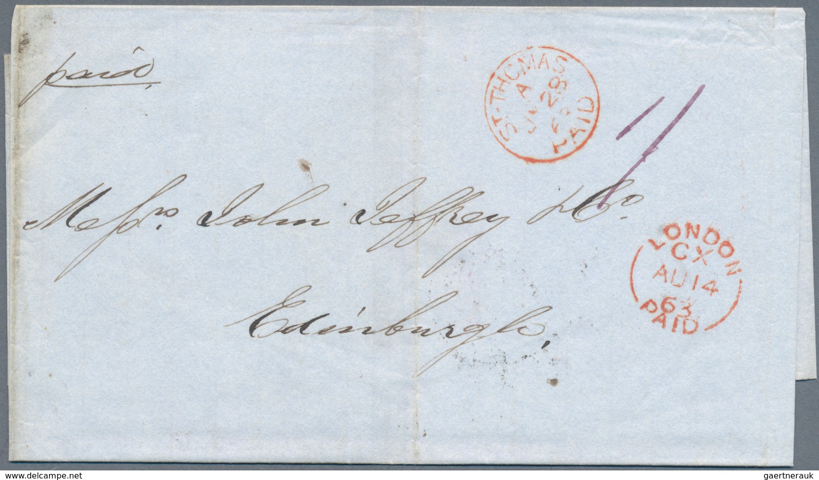 Dänisch-Westindien: 1863, "ST. THOMAS PAID" Red Circle Postmark On Folded Letter Via London (red "Lo - Deens West-Indië
