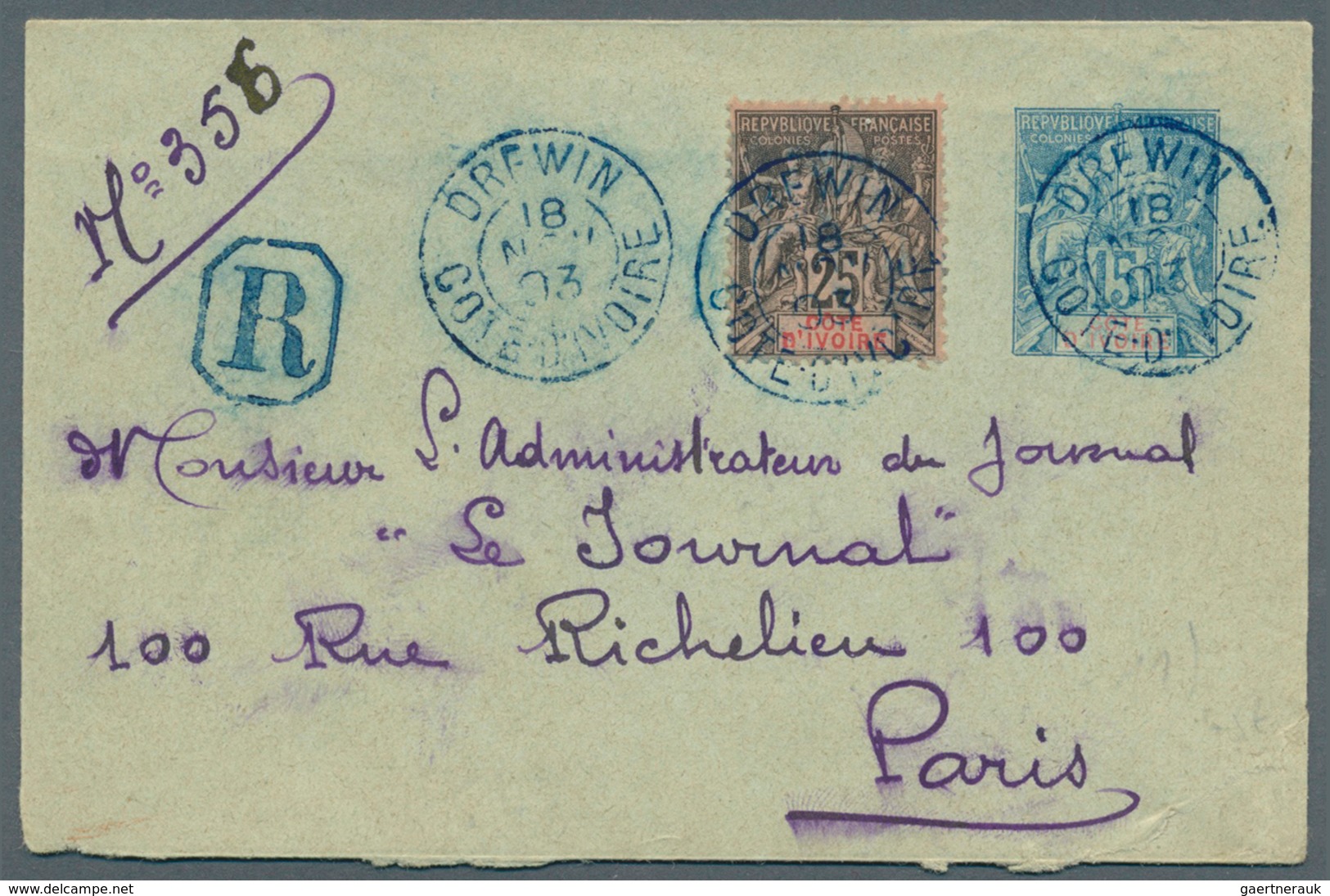 Elfenbeinküste: 1903. Registered Postal Stationery Envelope 15c Blue Upgraded With Ivory Coast Yvert - Ivory Coast (1960-...)