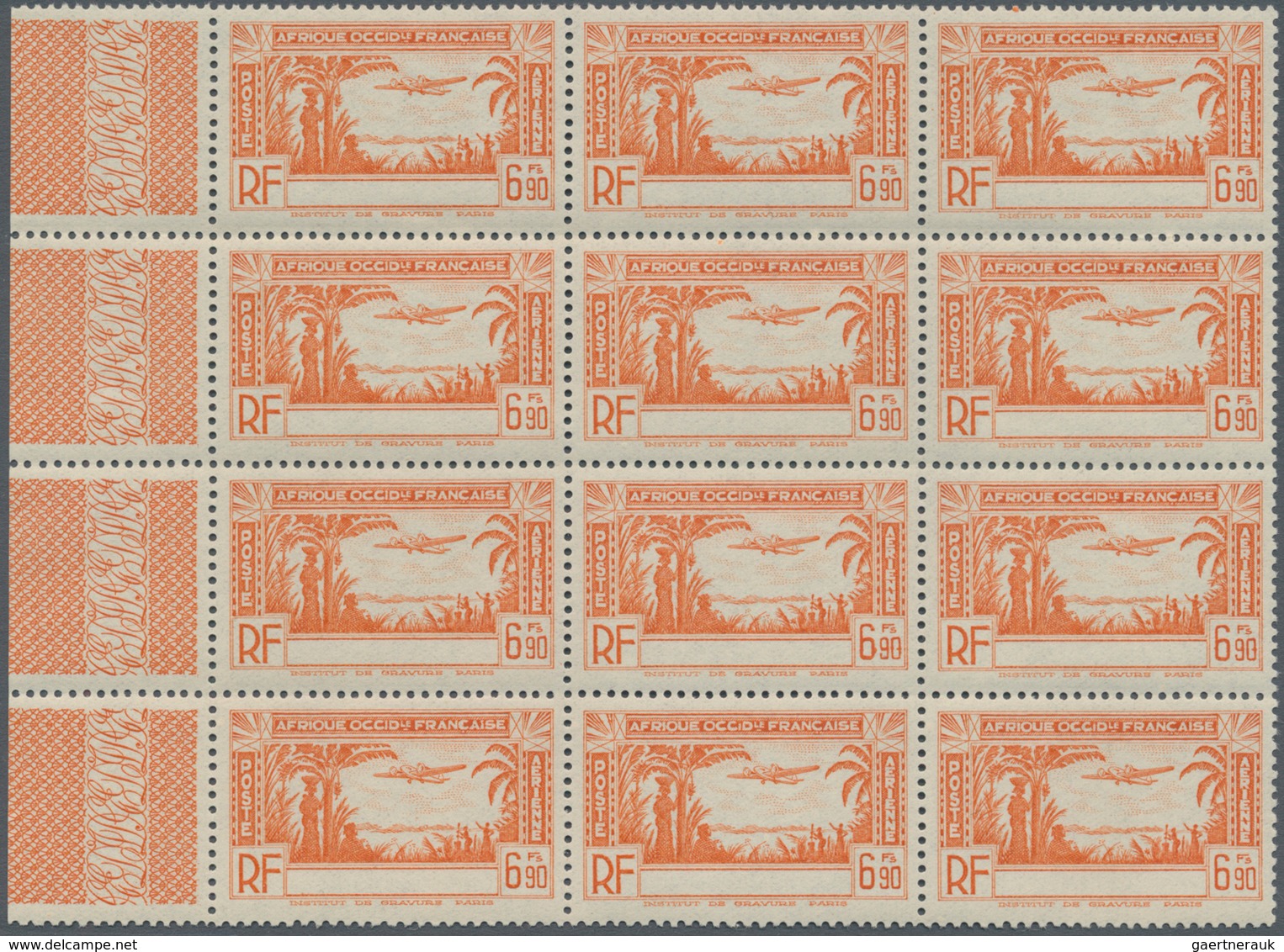 Elfenbeinküste: 1940, Airmail Issue 6.90fr. Orange WITHOUT COUNTRY NAME In A Block Of 12 From Left M - Ivoorkust (1960-...)