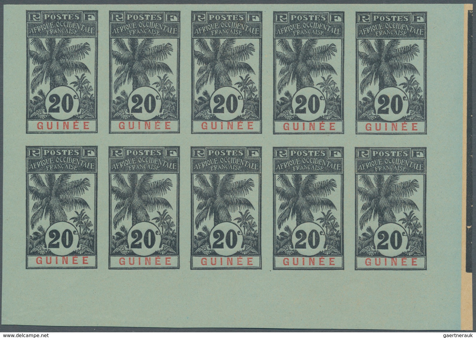 Französisch-Guinea: 1906, Palm Tree Definitive Issue 20c. Black/red On Blue In An IMPERFORATE Block - Other & Unclassified