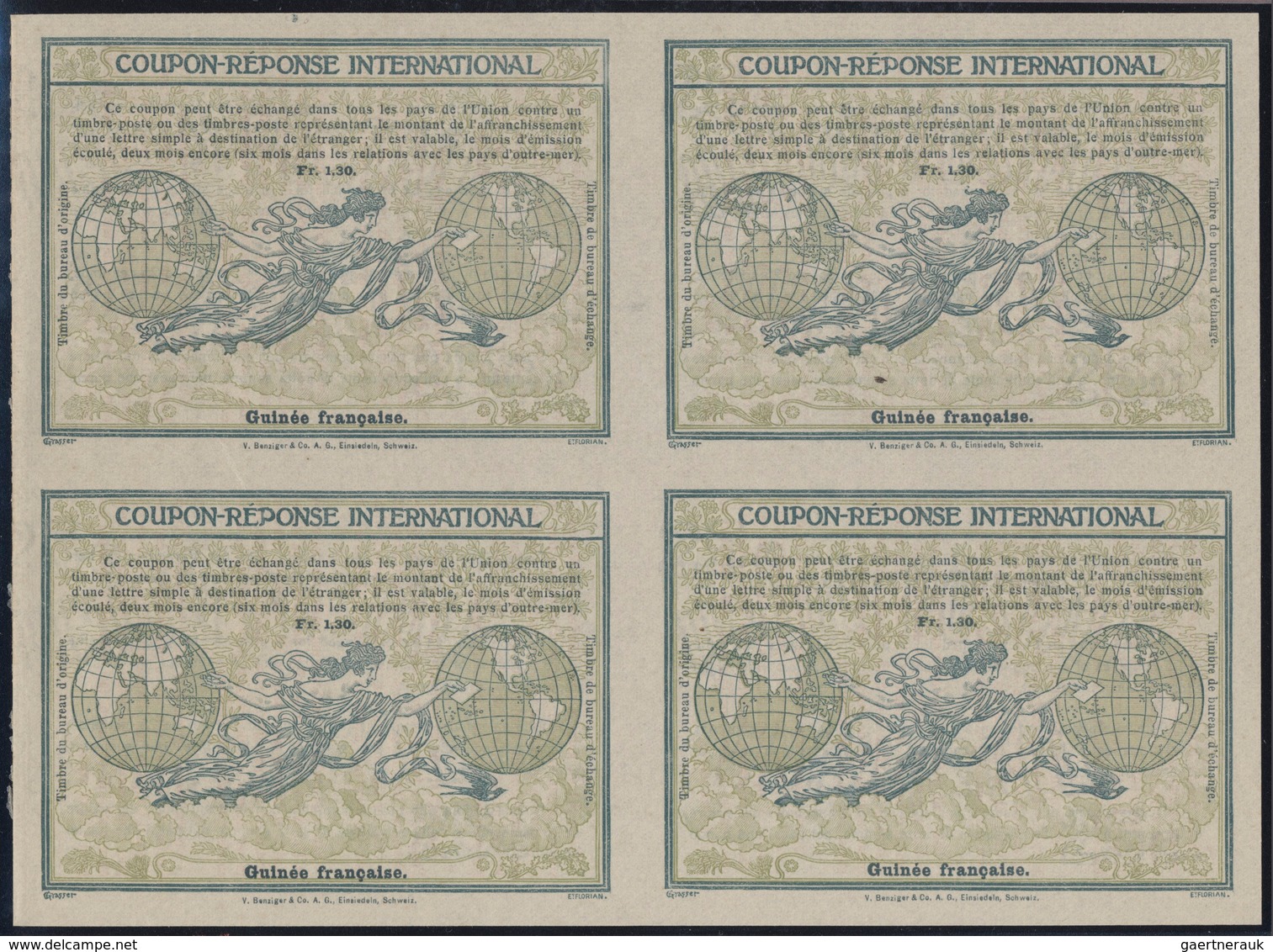 Französisch-Guinea: Design "Madrid" 1920 International Reply Coupon As Block Of Four 1,30 Fr.Guinee - Andere & Zonder Classificatie