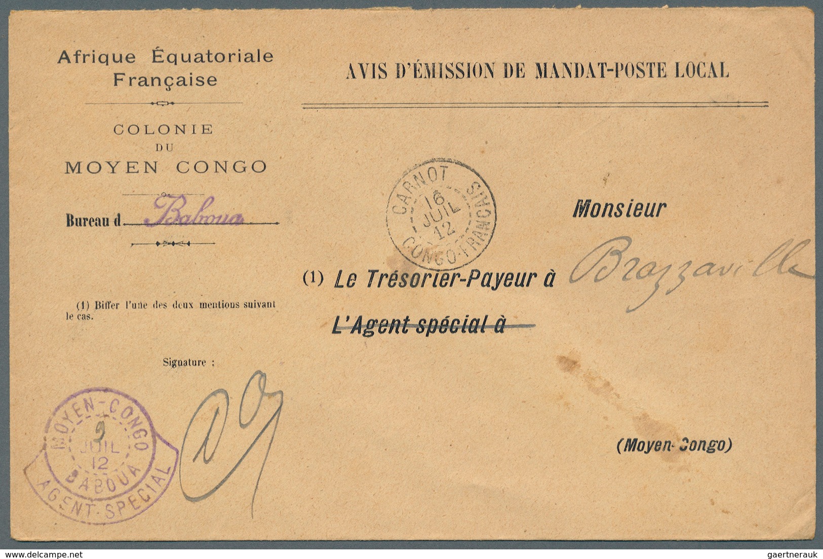 Französisch-Kongo: 1912. Stampless 'Avis D'Emission De Mandat-Poste Local' Envelope Headed 'Afrique - Otros & Sin Clasificación