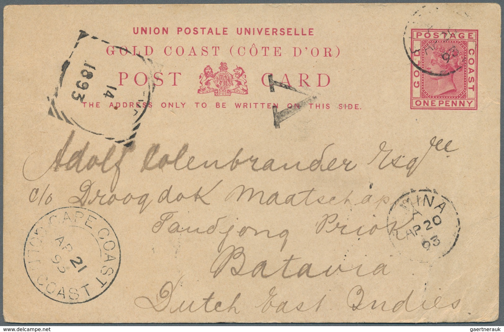 Goldküste: 1893. Gold Coast Postal Stationery Card 'one Penny' Red Cancelled By Elmina Date Stamp 'A - Goudkust (...-1957)