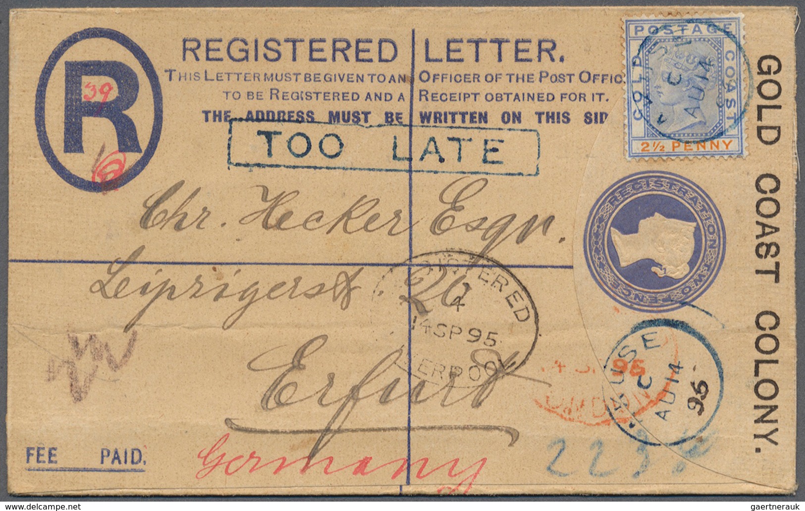 Goldküste: 1895. Registered Postal Stationery Envelope 'two Pence' Blue Upgraded With SG 14, 2½d Blu - Goudkust (...-1957)