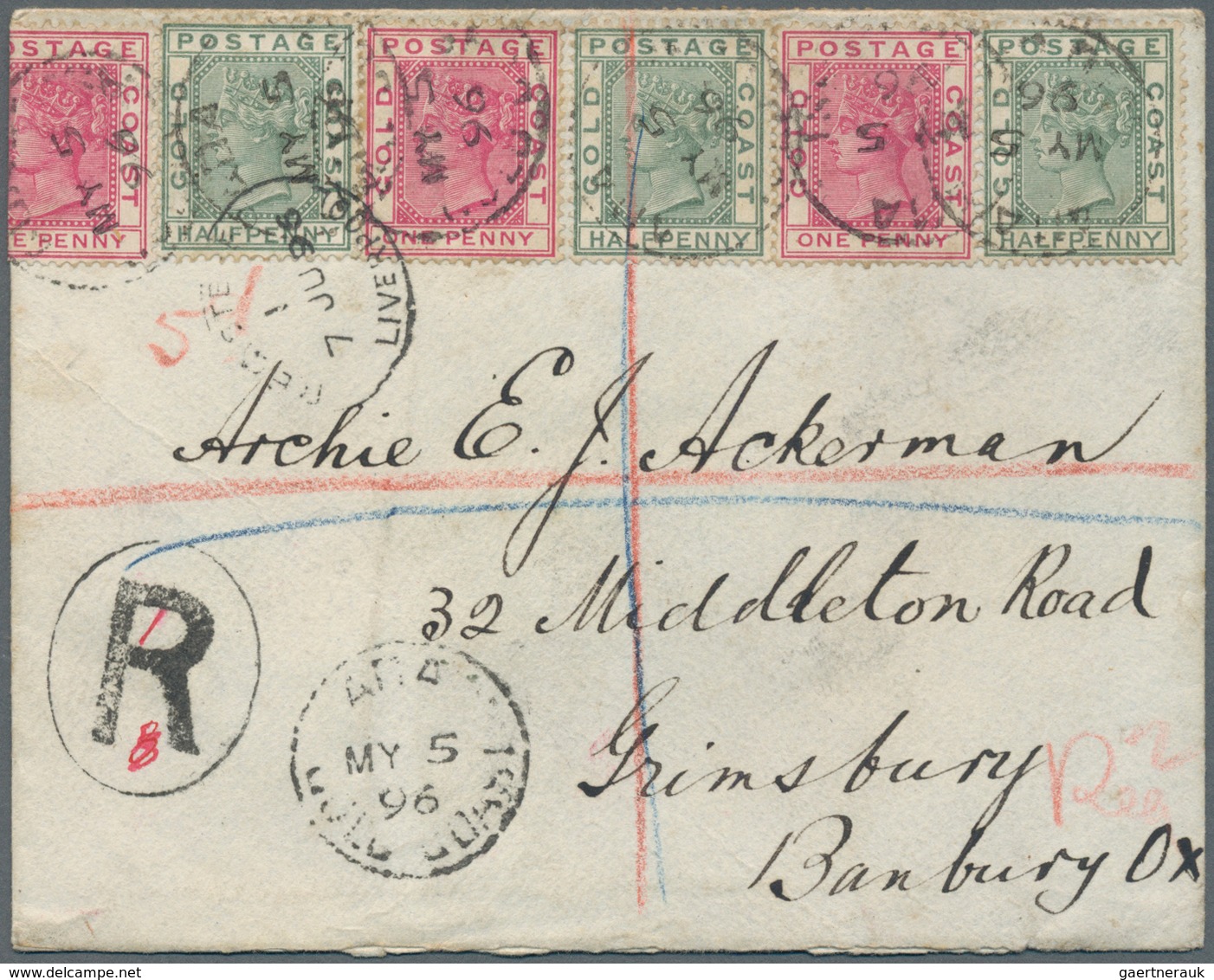 Goldküste: 1896.Registered Envelope Addressed To England Bearing SG 11, ½d Green (6) And SG 12, 1d C - Goudkust (...-1957)