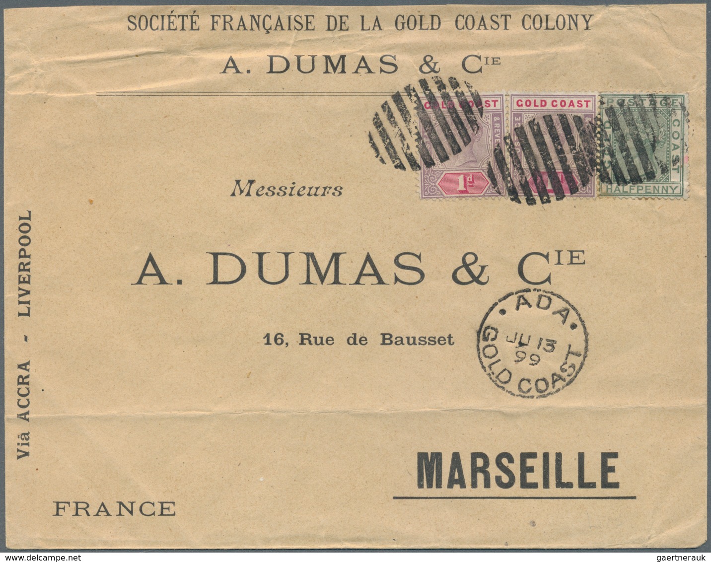 Goldküste: 1899. Envelope Addressed To France Bearing SG 11, ½d Green And SG 27, 1d Mauve And Carmin - Goudkust (...-1957)