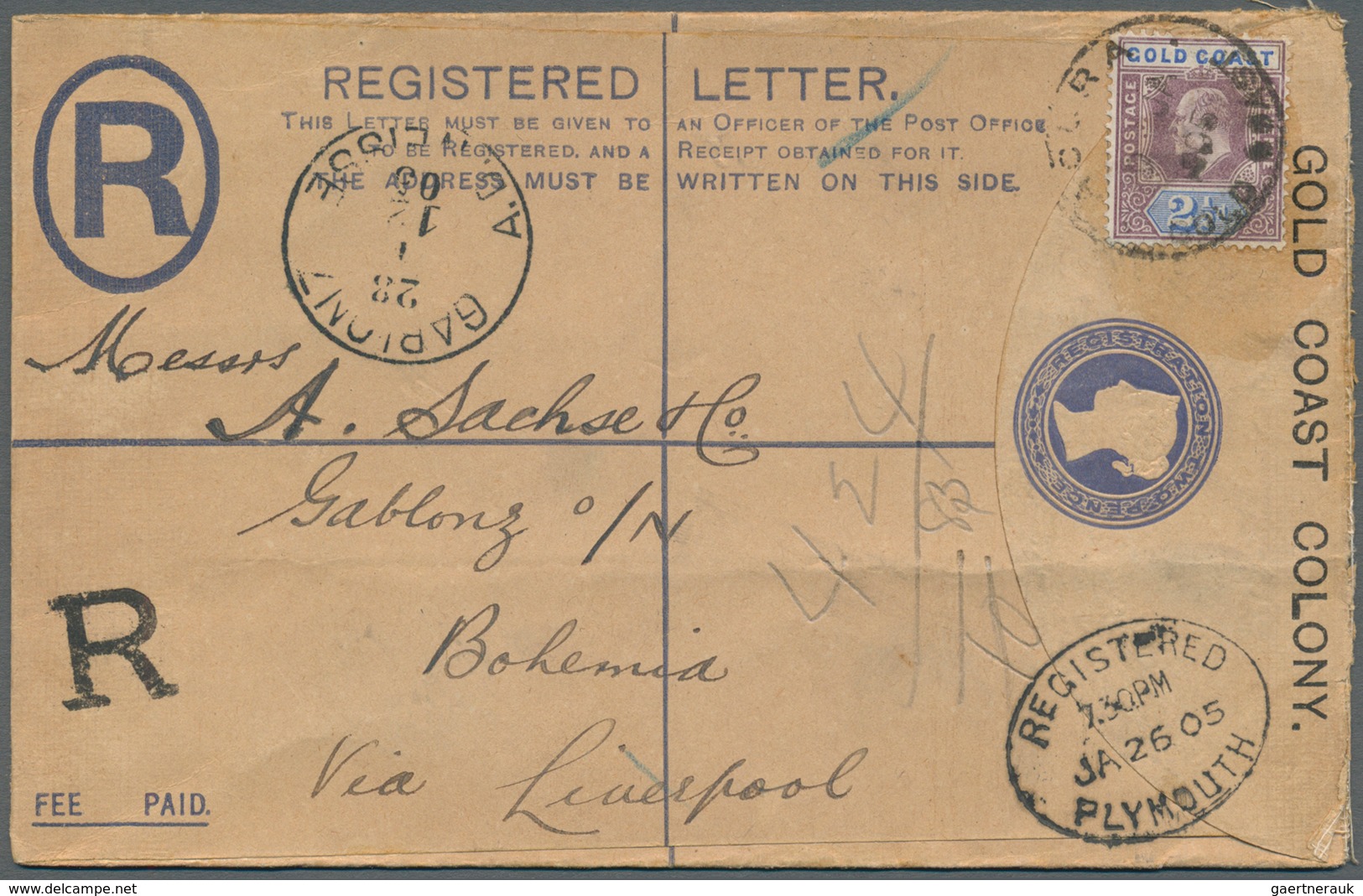 Goldküste: 1905. Registered Postal Stationery Envelope 2d Blue (tropical Toning) Upgraded With SG 41 - Goudkust (...-1957)