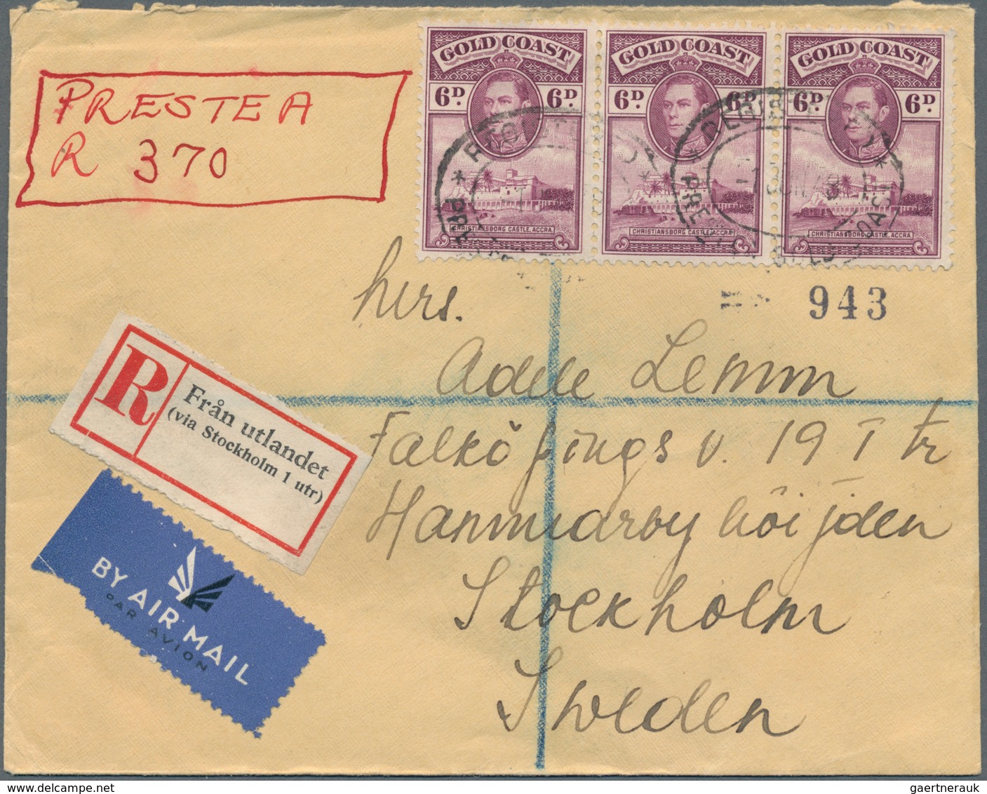 Goldküste: 1948. Registered Air Mail Envelope Addressed To Sweden Bearing SG 126, 6d Purple (strip O - Goudkust (...-1957)