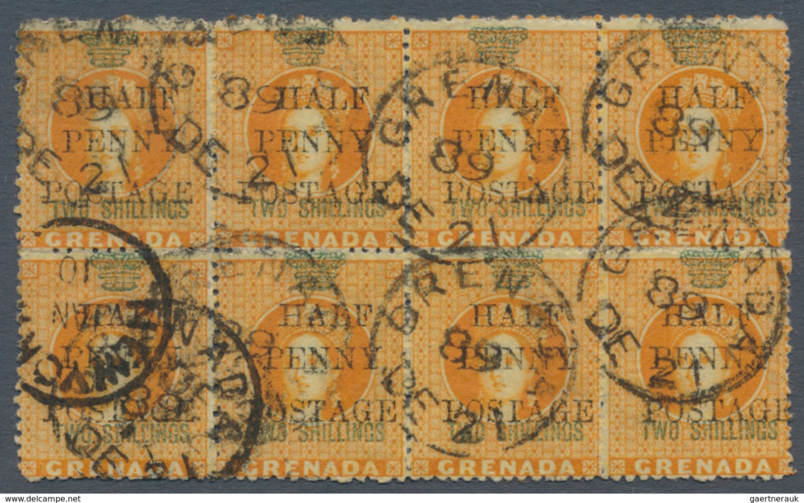 Grenada: 1889, ½d. On 2s. Orange, Block Of Eight, Fresh Colour And Well Perforated (normal Rough Per - Grenada (...-1974)