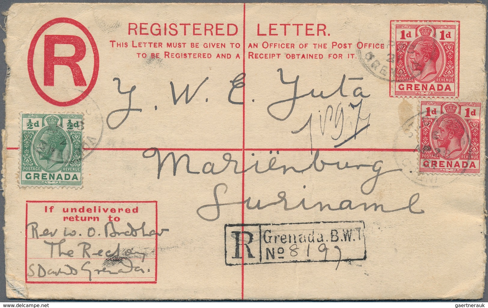 Grenada: 1921. Registered Postal Stationery Envelope 2d Blue Upgraded With SG 90, ½d Green And SG 92 - Grenada (...-1974)