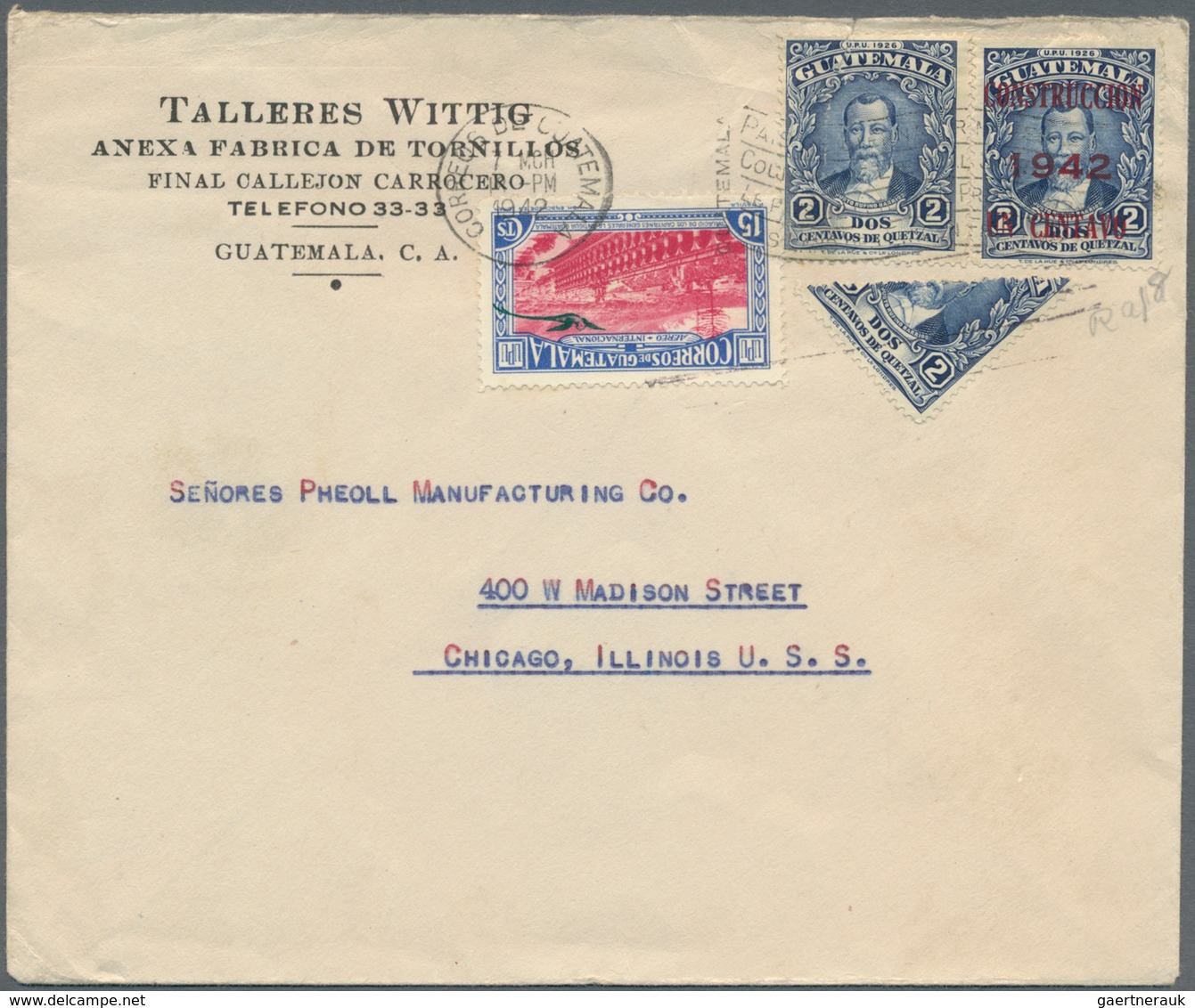 Guatemala: 1941, 1+1 C. Blue Diagonal Perf., Right Part Of Stamp With Additional Franking On Two Cov - Guatemala