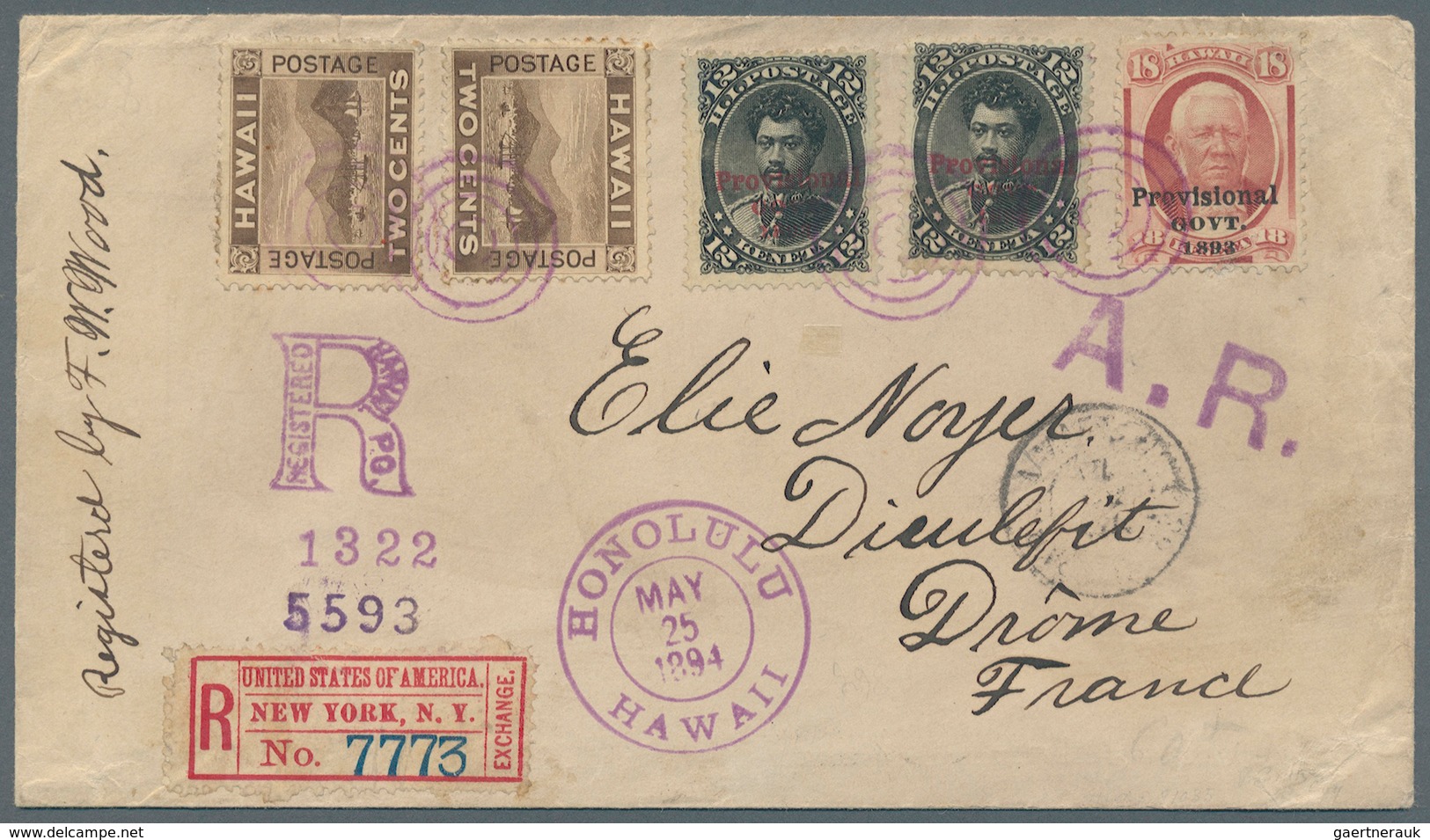 Hawaii: 1894. Registered, Advice Of Receipt Envelope Addressed To France Bearing Scott 62, 12c Black - Hawaï