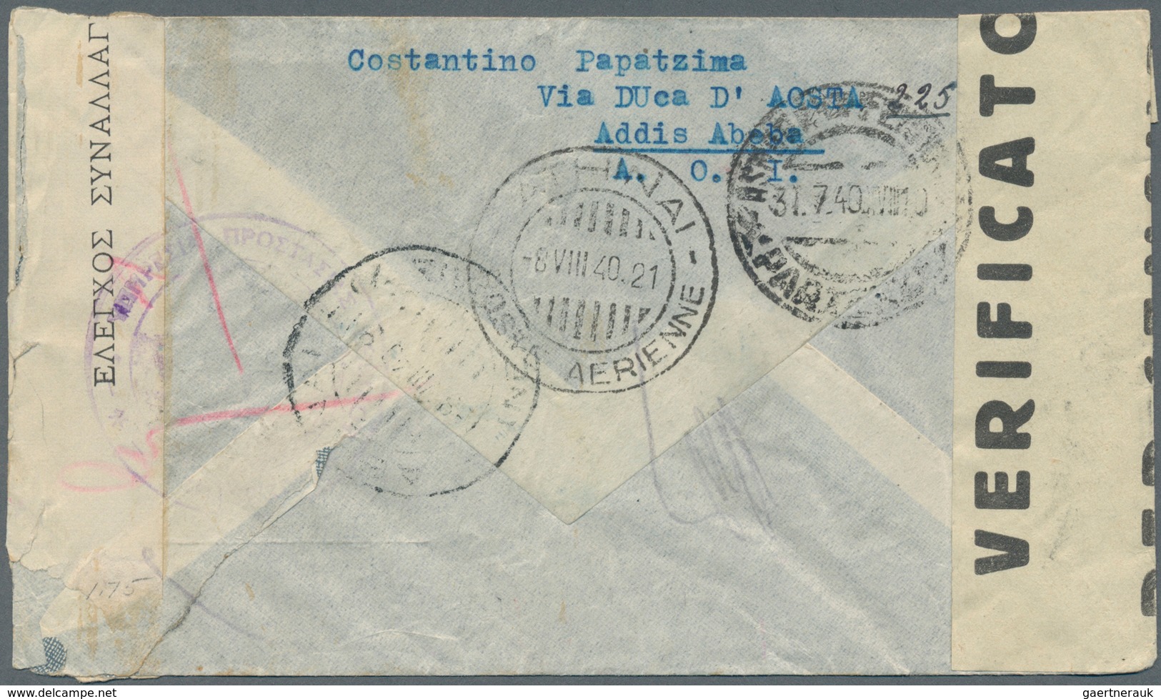 Italienisch-Äthiopien: 1940. Registered Air Mail Envelope Written From Addis Abeba Addressed To Gree - Ethiopie