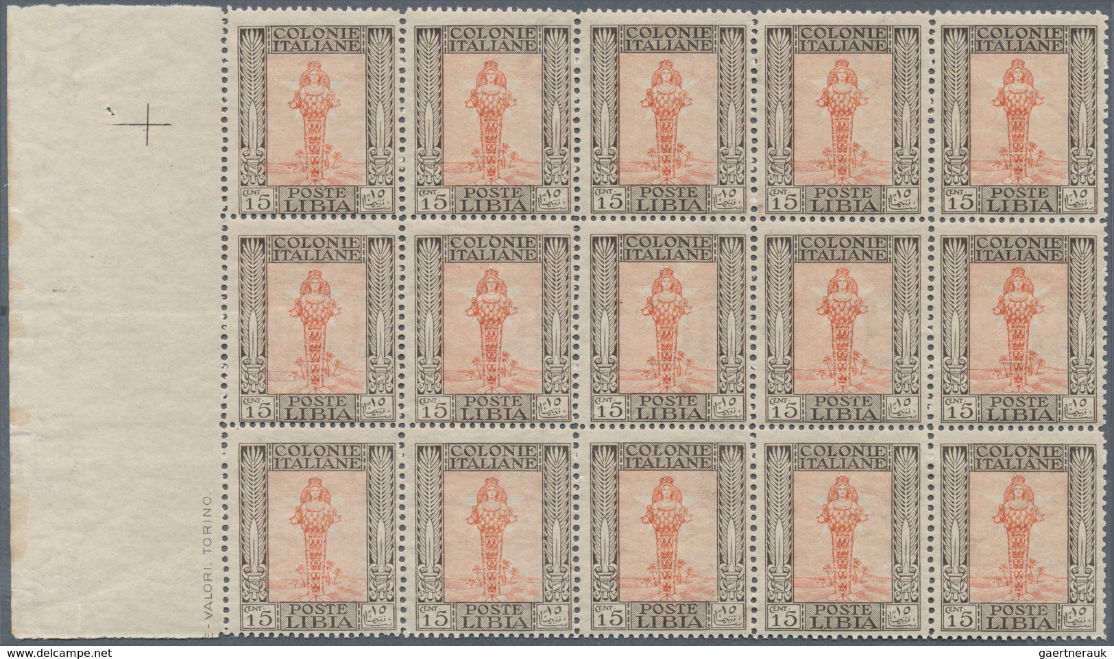 Italienisch-Libyen: 1921. Diana Of Ephesus 15c In A Margin Block Of 15 (3 Times 5). The Upper 10 Sta - Libië