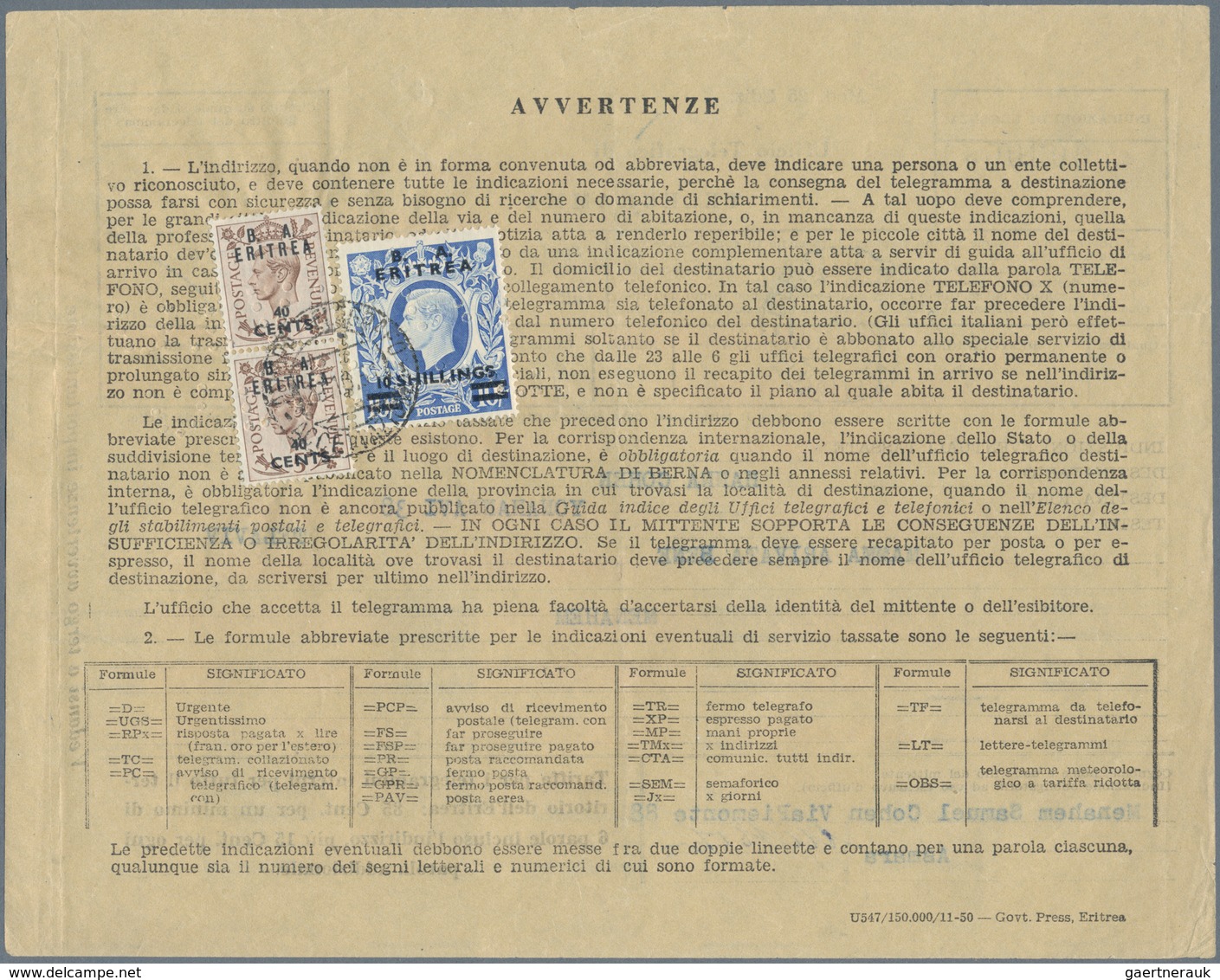 Italienisch-Ostafrika - Britische Besetzung: Eritrea-British Admin. 1951: Two Telegrams From Asmara, - Italiaans Oost-Afrika