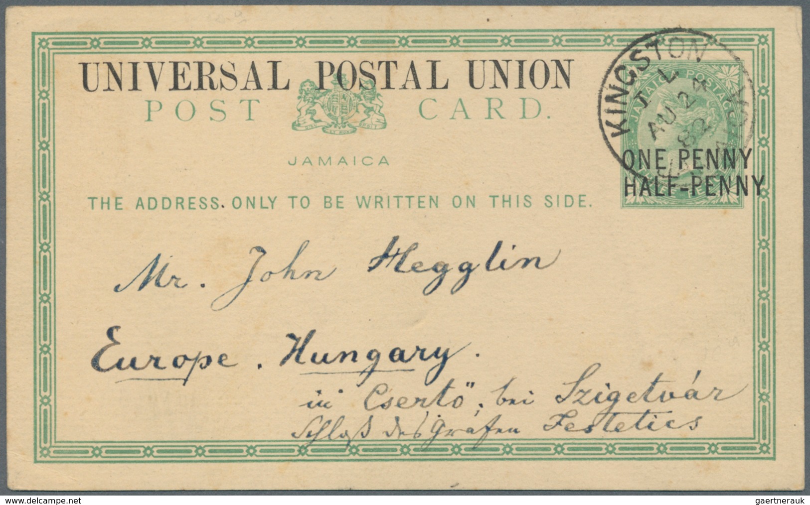 Jamaica: 1879, Stationery Card With Imprints "ONE PENNY HALF-PENNY" On 3 D Green And "UNIVERSAL POST - Jamaica (1962-...)